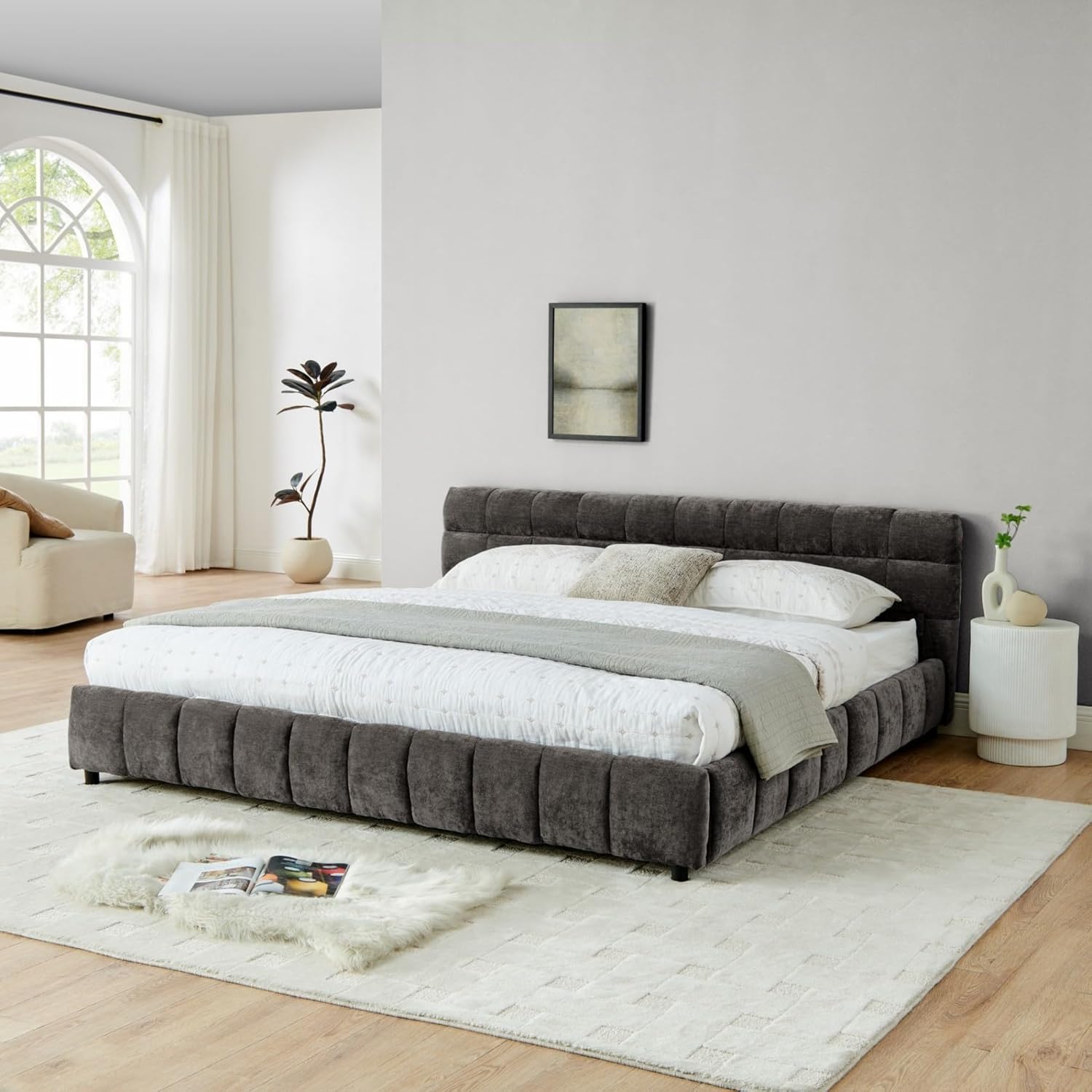 KEIKI King Thick Chenille Bed Frame with 4 Storage Drawer & Upholstered Tufted Headboard, Modern Solid Wood Floor Platform for Bedroom, No Box Spring Needed