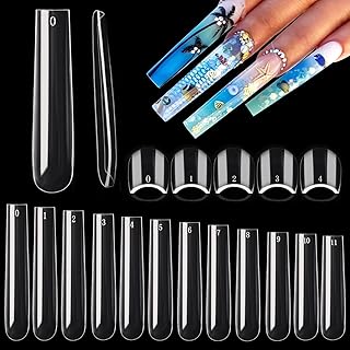 600PCS Square Nail Tips Full Cover, 3XL Clear Nail Tips for Acrylic Nails Professional, XXXL Full Cover Nails Tips No C Curve, Extra Long Tapered Square Fake Nails for Salons Home DIY 12 Sizes