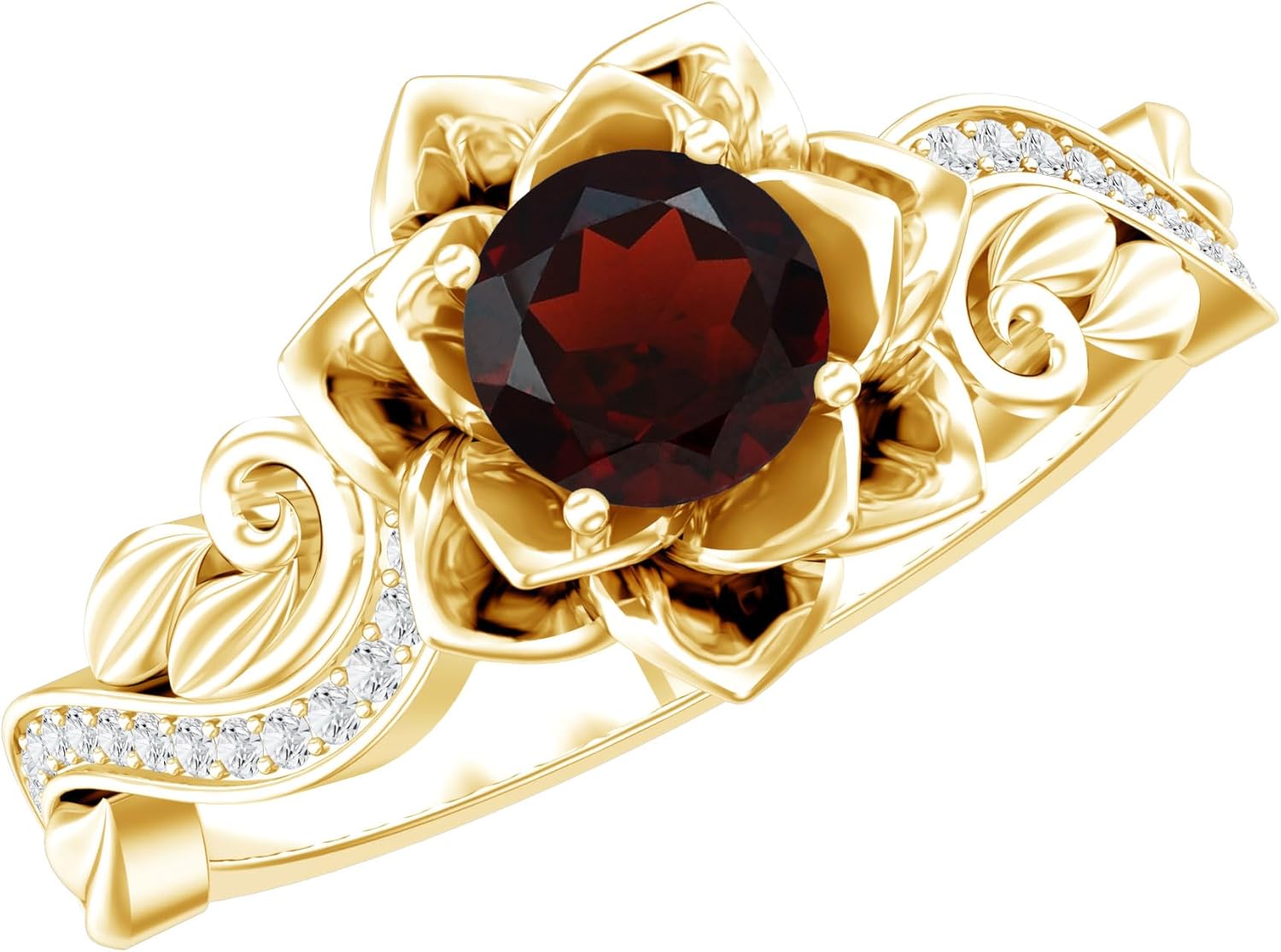 Genuine Garnet Rose Flower Engagement Ring in Yellow Gold Plated Silver, Aaa Quality - Unique Gift For Women