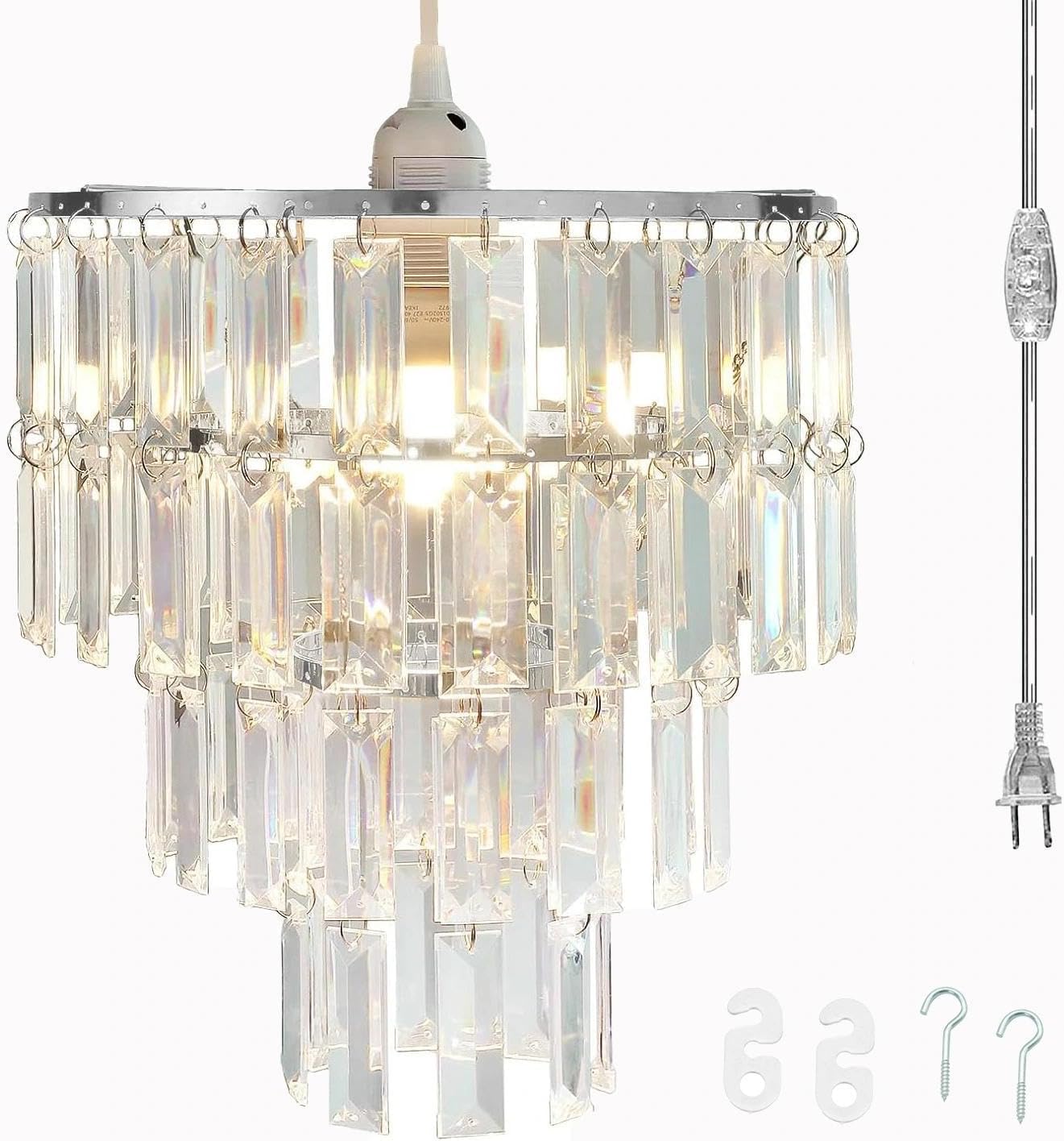 Modern Chandelier Shade with Plug-in Light Cord - Chrome Chandeliers Light Fixture - Pendant Ceiling Lampshade for Girls Bedroom - Size W9.84 X H11