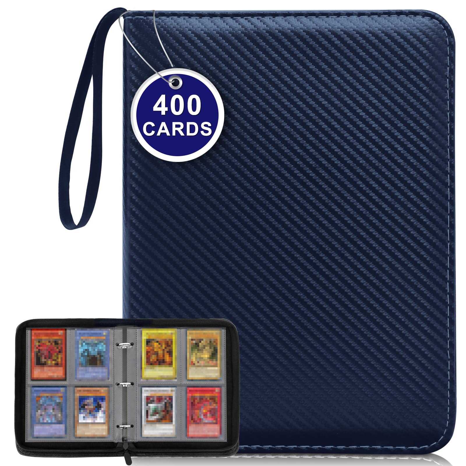 METEOROCK 4 Pocket Card Binder, PU Leather Trading Card Binder, 400 Pockets Trading Card Album, Waterproof Zipper Card Collection Folder, Portable Card Album for Board, Sport and Game Cards, Dark Blue