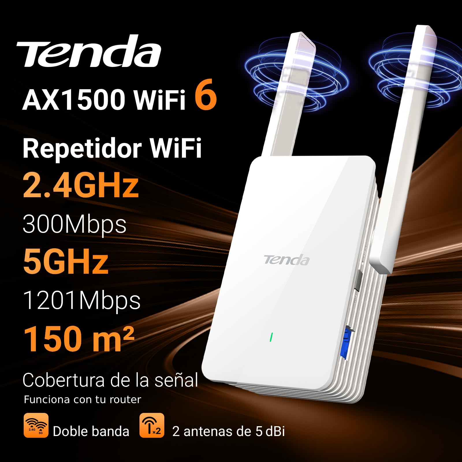 Tenda Wi-Fi 6 Repetidor WiFi AX1500Mbps Extender, Amplificador Cubre hasta 150m², 1 Puerto Gigabit Ethernet, WPS, Modo Ap, Indicador LED, Compatible con Todos los Routers, A23