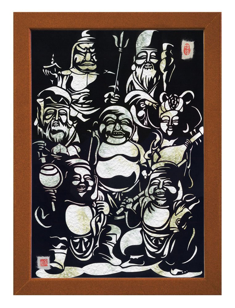 七福神の切り絵 Amazon｜開運切り絵『七福神 - 全員集合 - 』 A3サイズ 額装仕立て