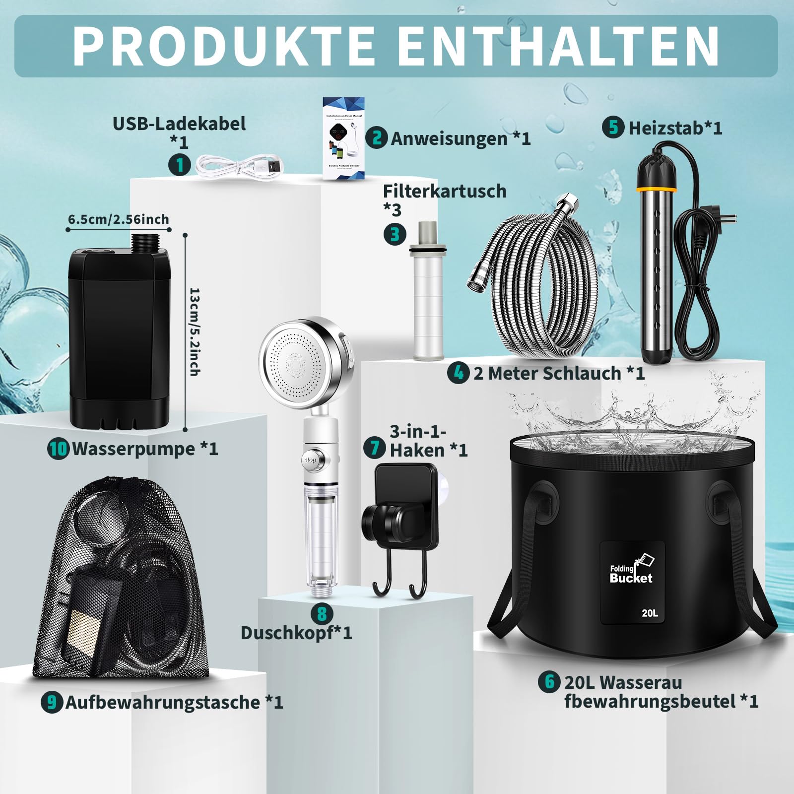 JONRRYIN Douche de camping chauffante, douche mobile d'extérieur avec affichage de la température de 6000 mAh, pommeau de douche filtrable et réservoir d'eau de 20 L pour jardin, lavage de voiture