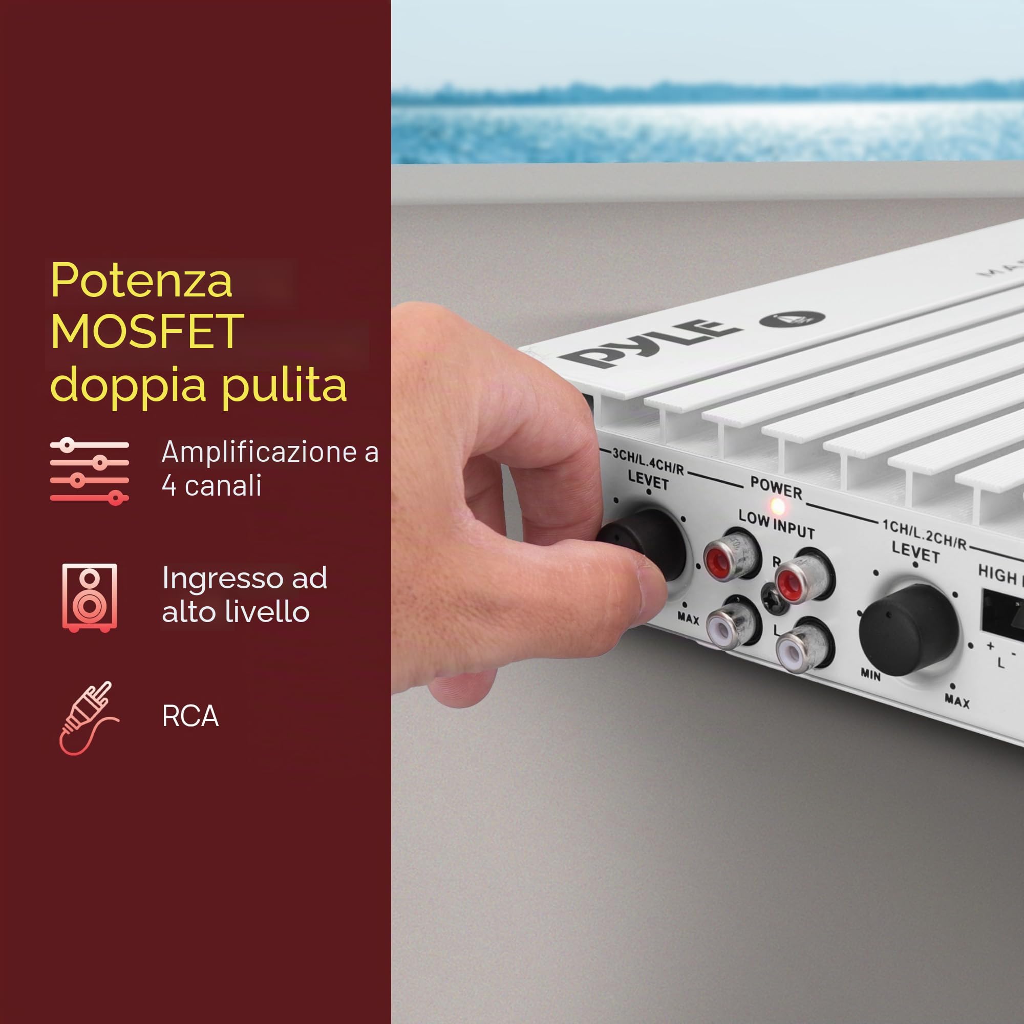 Pyle PLMRA402 - Amplificatore idraulico a 4 canali da 400 Watt, alimentatore doppio MOSFET, controlli livello guadagno, ingresso stereo RCA e indicatore LED