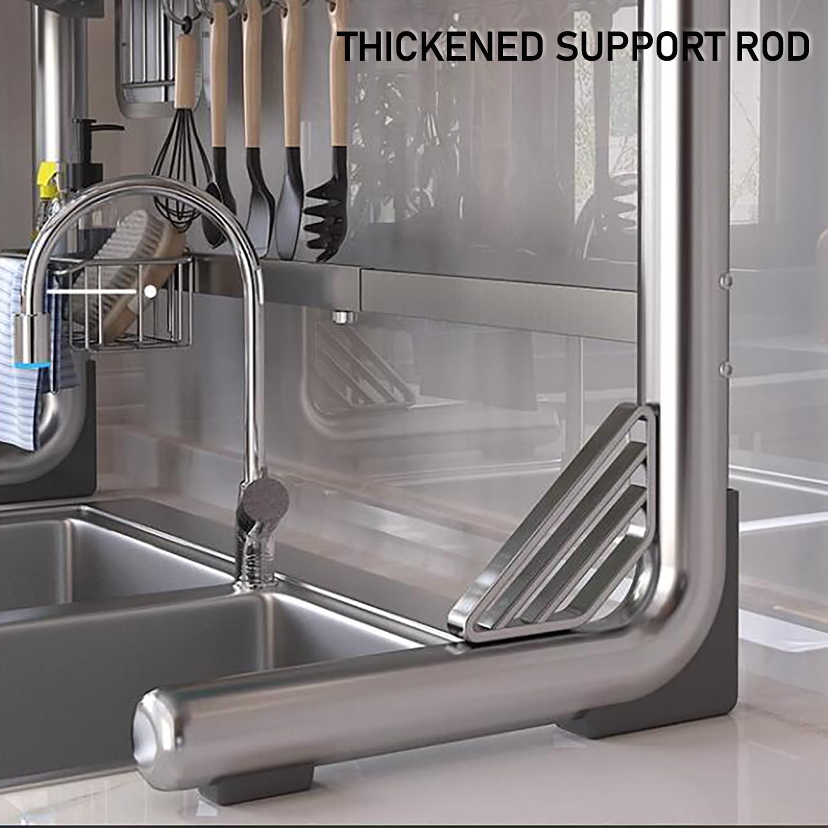 Escurridor de platos de cocina sobre el fregadero, organizador de cocina de acero inoxidable con soporte para utensilios, soporte para toallas de papel, soporte para tazas, soporte para cuchillos