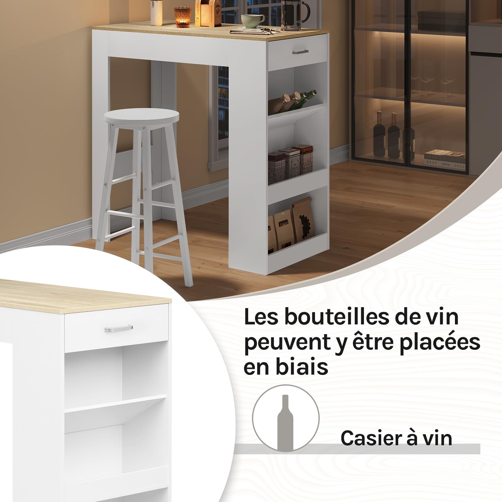 WOLTU Table de Bar, Table Haute Cuisine, 1 Tiroir et 3 Compartiments Ouverts pour Rangement Latéral, en Bois d'Ingénierie (avec Planches en Bois, Chêne Clair + Blanc, 100 x 50 x 100 cm)