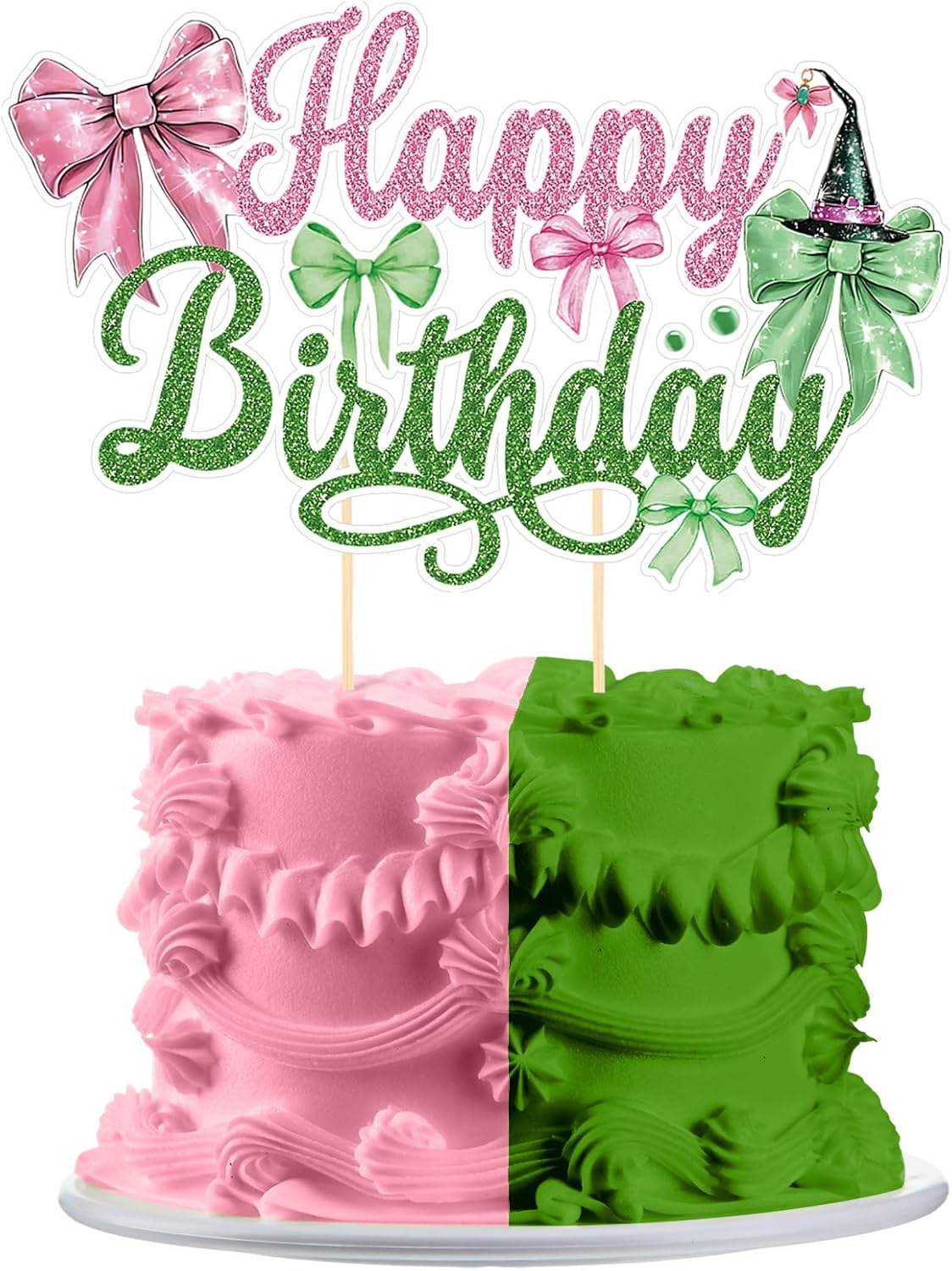 Weysat Witch and Princess Happy Birthday Cake Topper Glitter Pink and Green Bow Cake Decorations Birthday Party Pick for Fantasy Themed Party Supplies