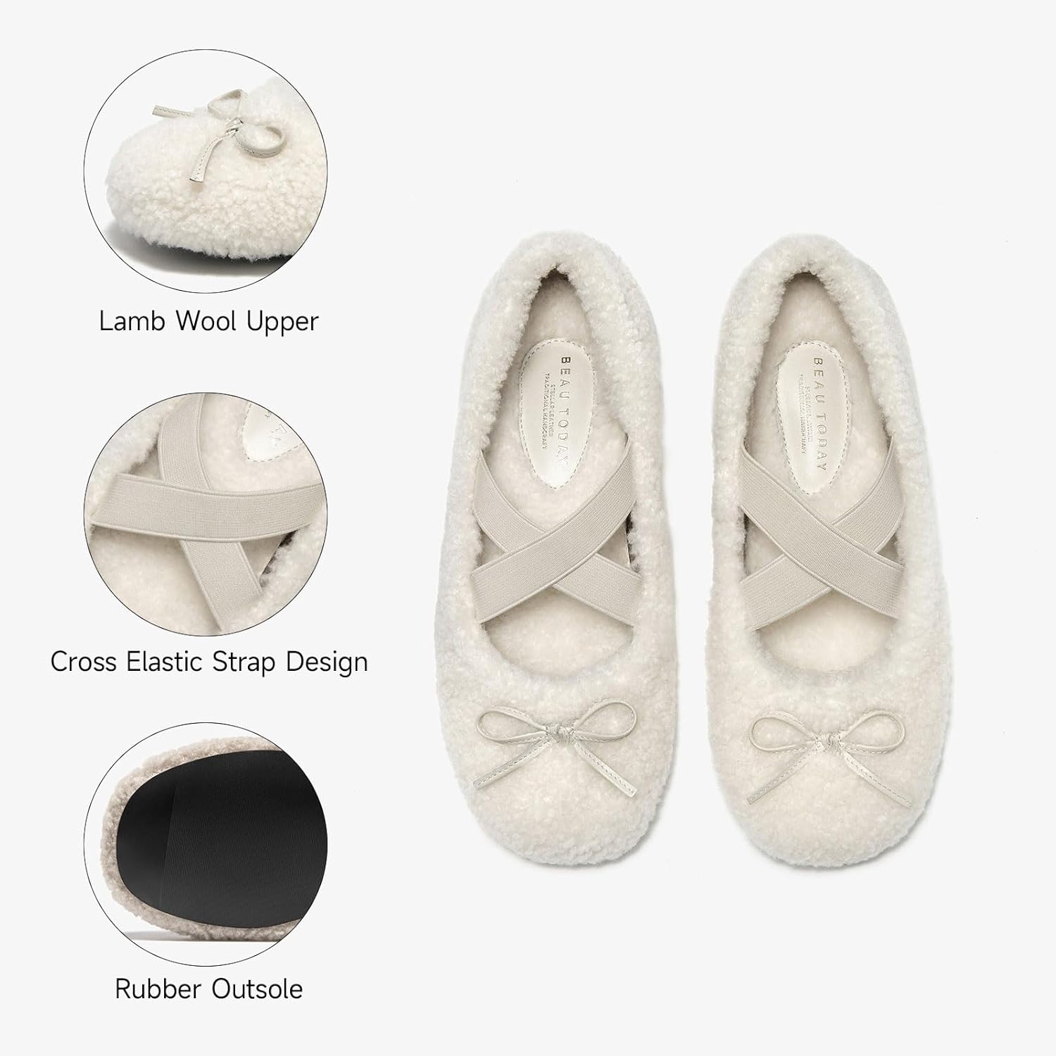 BEAU TODAY Womens Fur Mary Jane Flats, Shearling Ballet Flats for Women, Warm Wool Mary Jane Shoes Fashion Cute Flat Shoes with Cross Strap