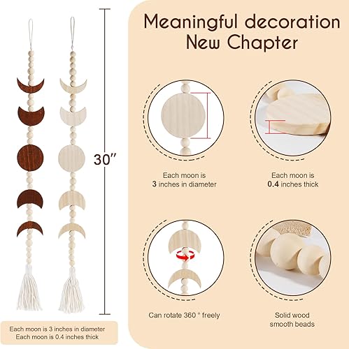 Miniatura 3 de Ausicfen Fase lunar colgante de madera con borla fases de la luna decoración bohemia para el hogar sala de estar dormitorio oficina beige