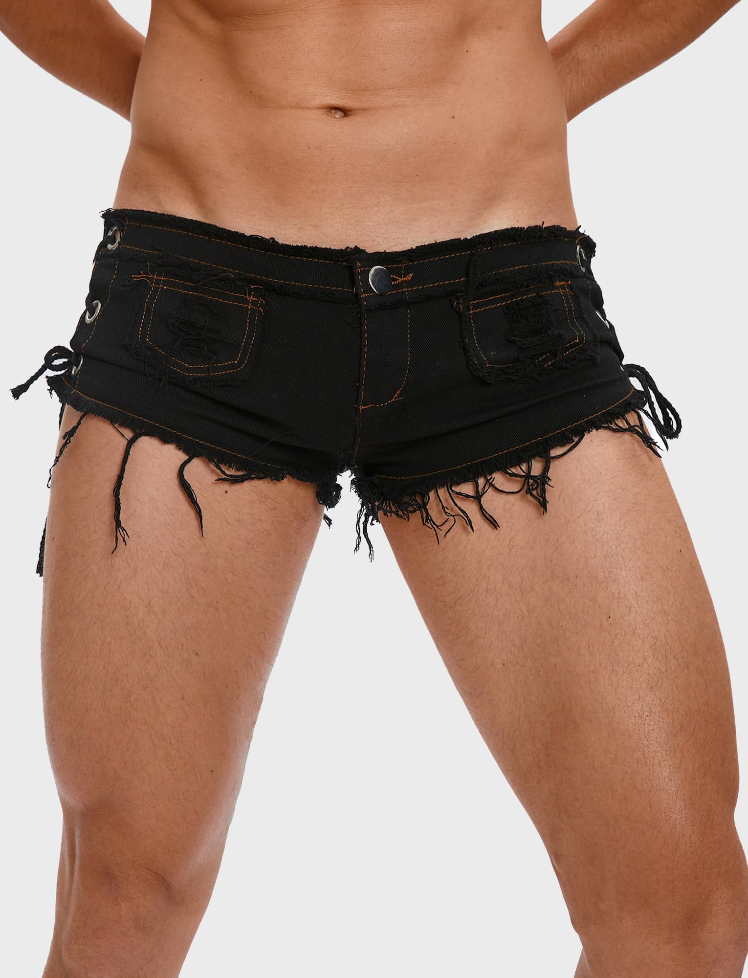 FEOYA Pantalon Sexy en Jean pour Homme avec Sangle Latérale Taille Basse Ourlet Brut Effiloché Mini Short en Jean Découpé pour Fête, Club, Plage, Vacances