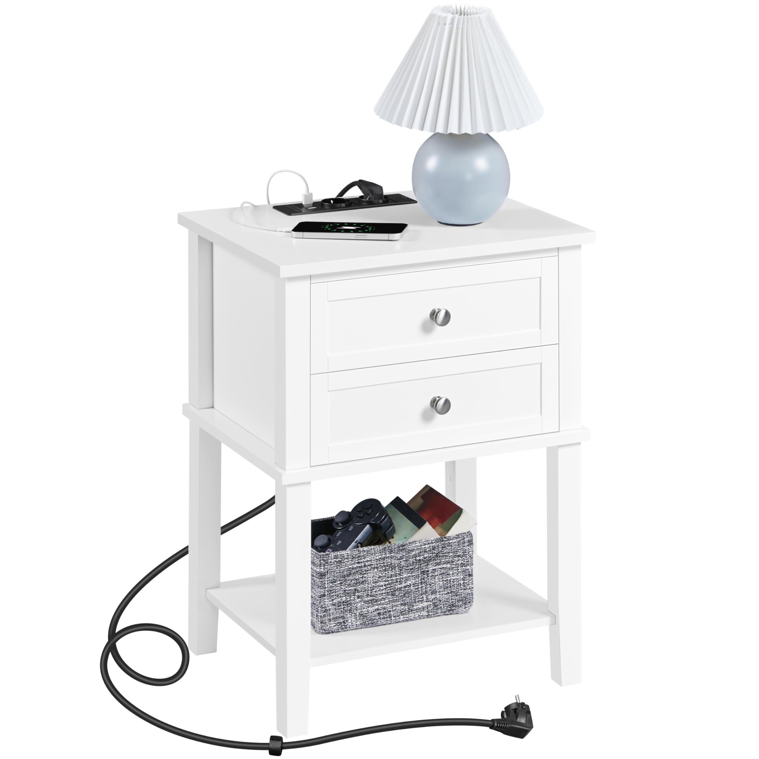 Yaheetech Mesita de Noche con Estación de Carga USB Mesilla de Noche con 2 Cajones y 1 Estante Mesas Auxiliar Blanco 45x35x61 cm para Cama Dormitorio Sala de Estar