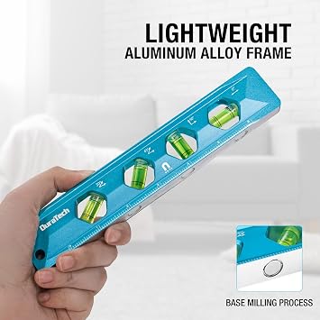 DURATECH 8-Inch Level, Magnetic Torpedo Level with 0/30/45/90 Bubbles, V-Groove, Large Viewing Window, Aluminum Alloy Body, Hanging Hole, SAE and Metric Scale for DIY Projects and Household Use