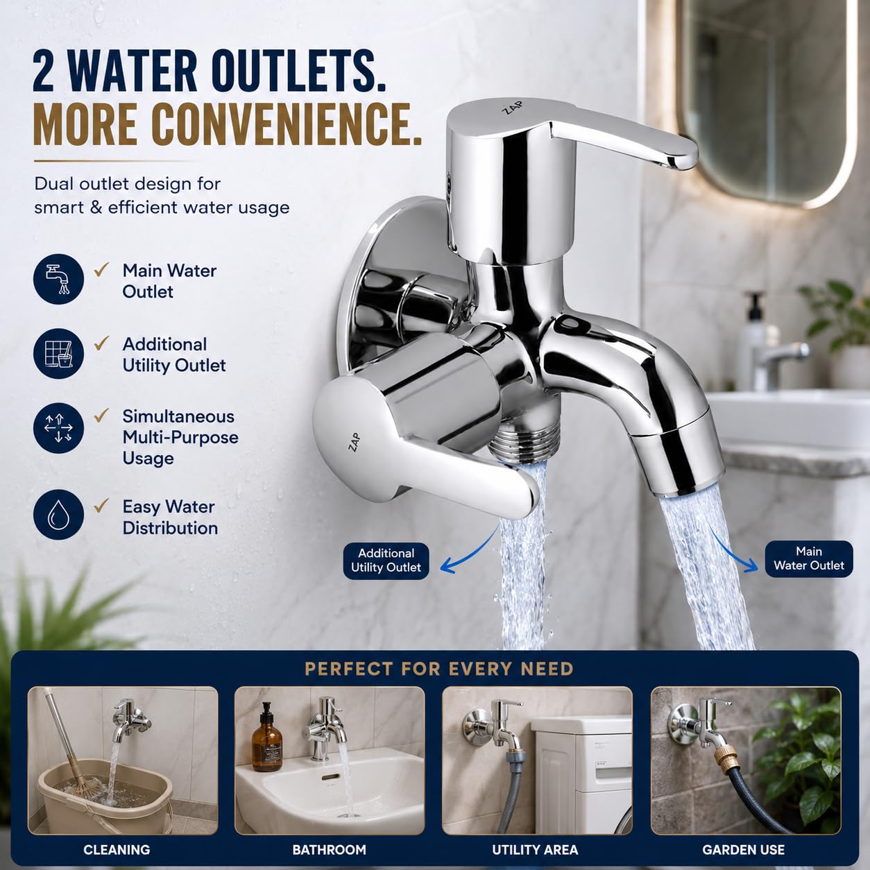 ZAP 2-in-1 Brass Bib Cock Tap for Bathroom & Kitchen | Dual Outlet Wall Mounted Faucet with Foam Flow Aerator | Quarter Turn Handle | Chrome Finish Two Way Water Tap with Wall Flange 2