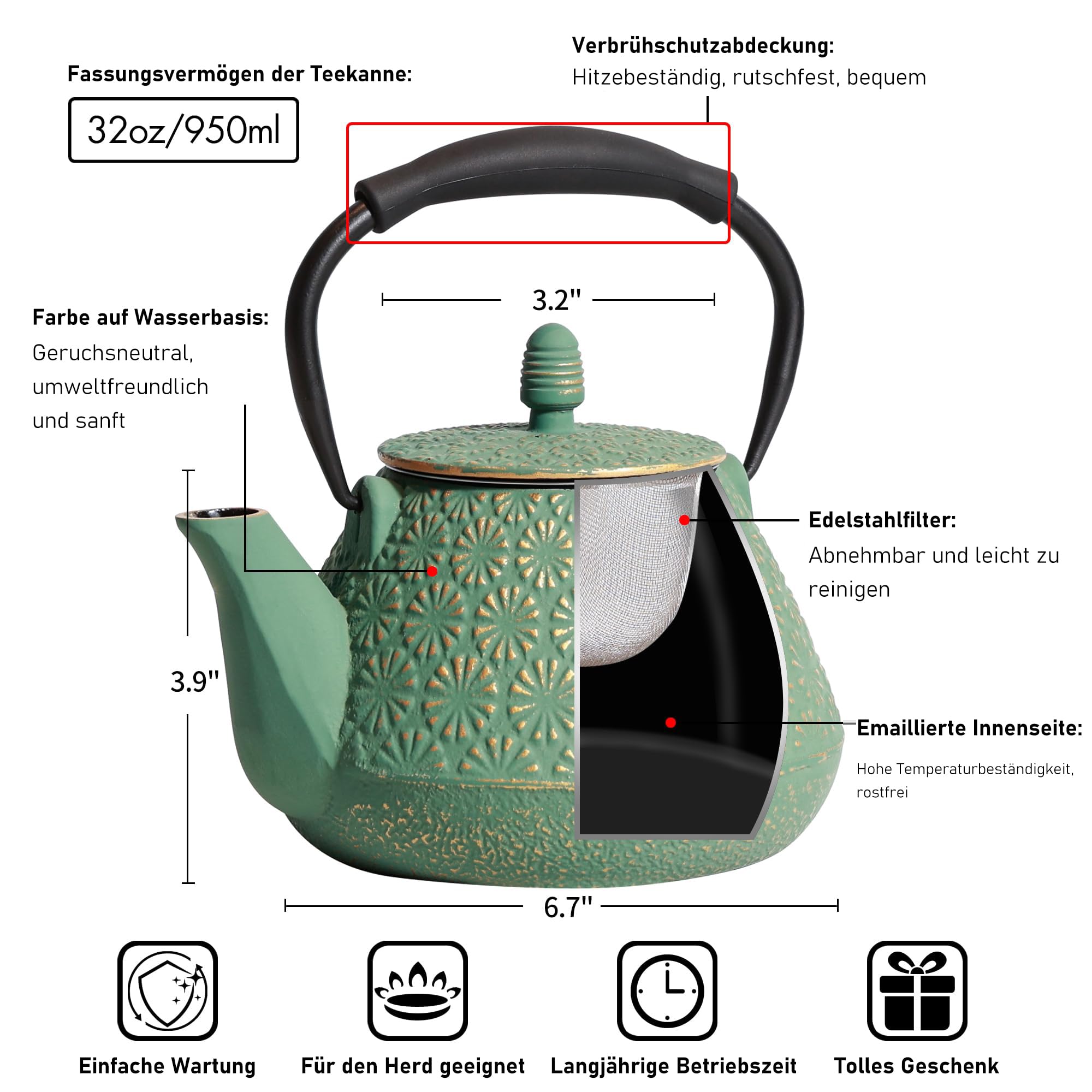 Teiera in ghisa da 1200 ml, grande capacità, teiera giapponese con colino da tè, interno smaltato, manico in silicone, adatto per fornelli, ideale per tè e caffè