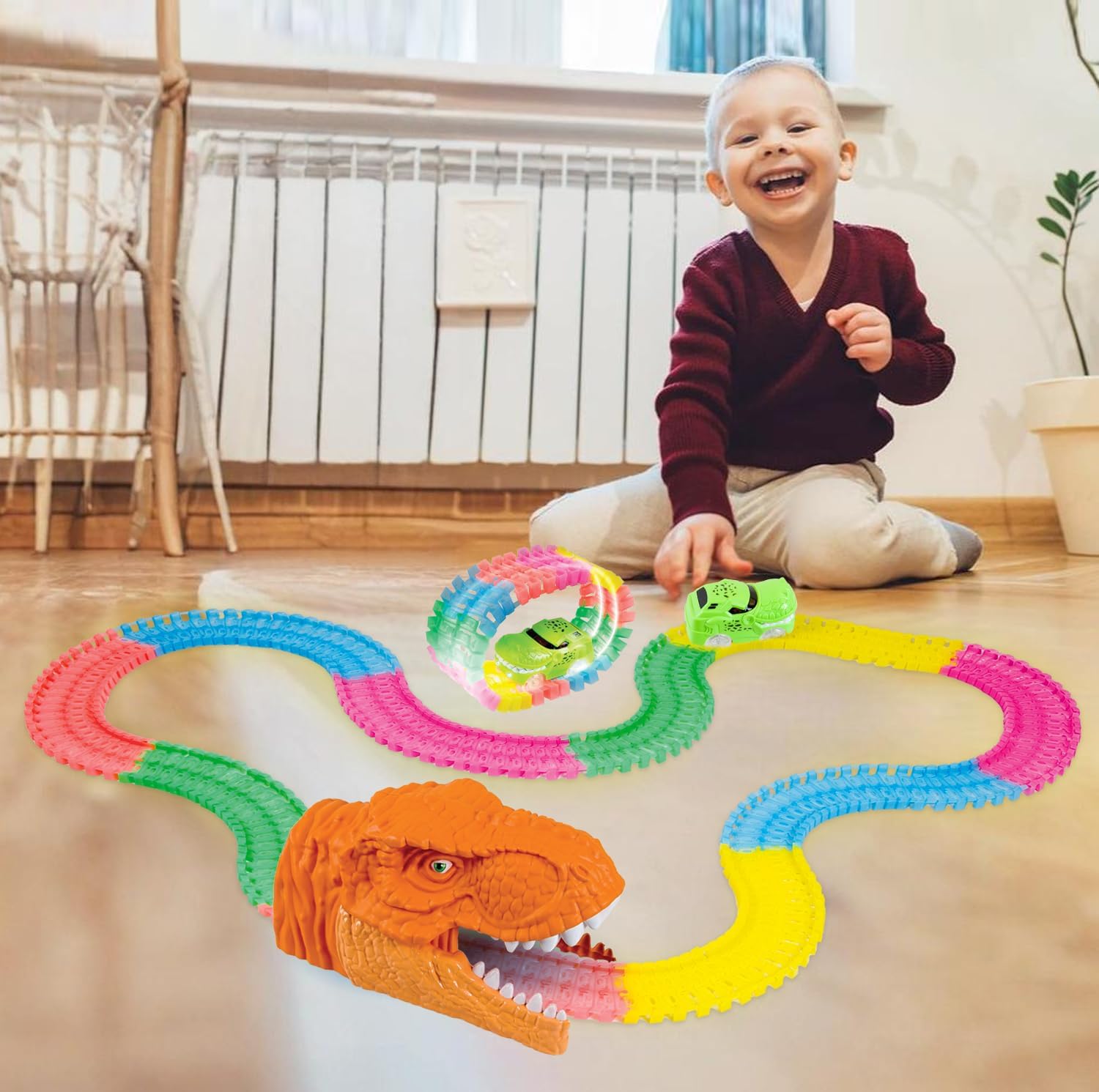 Mindscope NEON Glow Twister Tracks Dino Series 11 Feet of Neon Glow in The Dark Track Set with Dinosaur Accessories