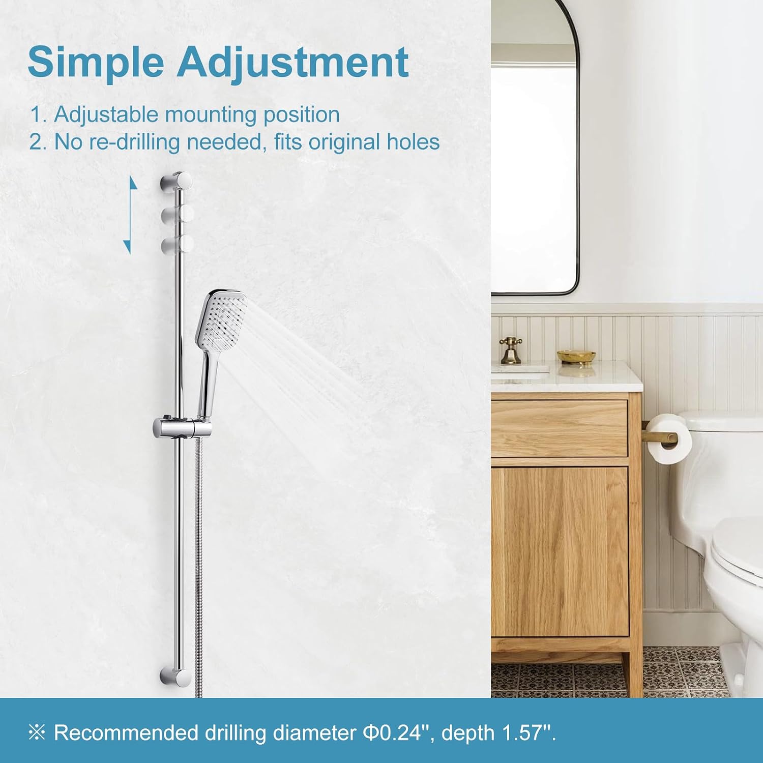OFFO Shower Slide Bar Combo, Adjustable 39 in Slide Bar with 3-Mode Square Handheld Shower Head and 60 in Stainless Steel Hose, Screw Wall Mounted, Chrome Finish