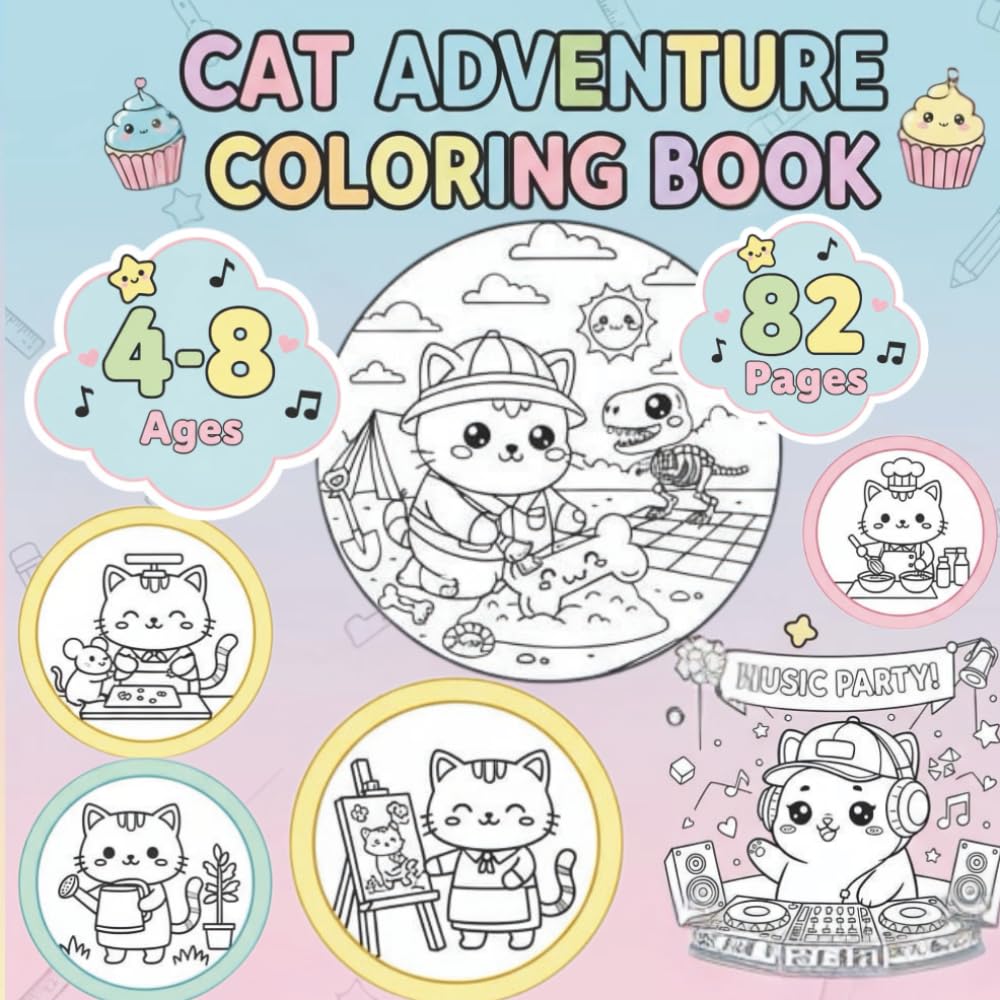 Cat Adventure Coloring Book: Cute Kawaii Cat Scenes for Kids, Teens, and Adults