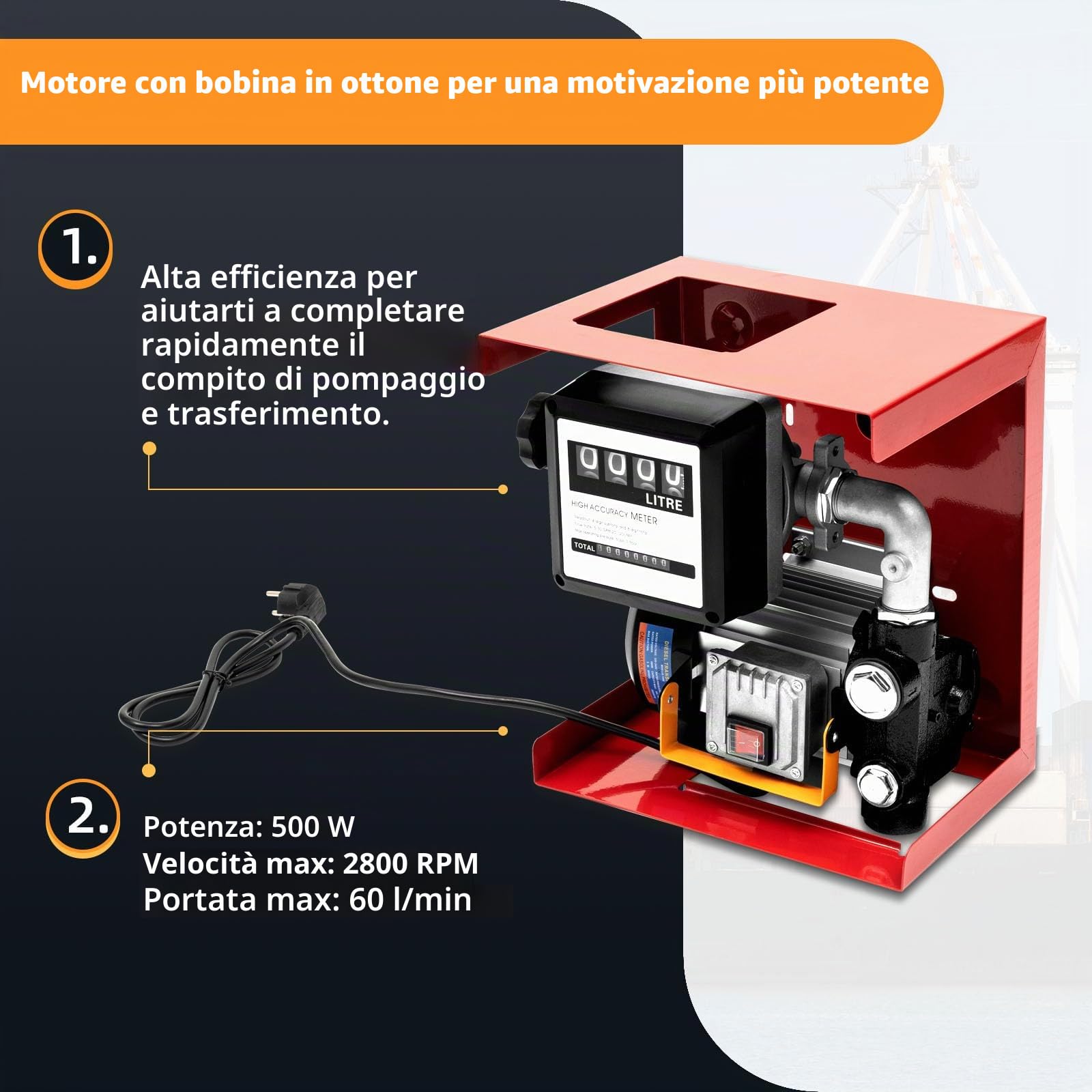 Pompa Travaso Gasolio 550 W 60 L/min Autoadescante con Contatore | Pompa Elettrica con Pistola Automatica, Corpo in Ghisa e Tubi da 2 e m, per Trattori e Macchine Agricole
