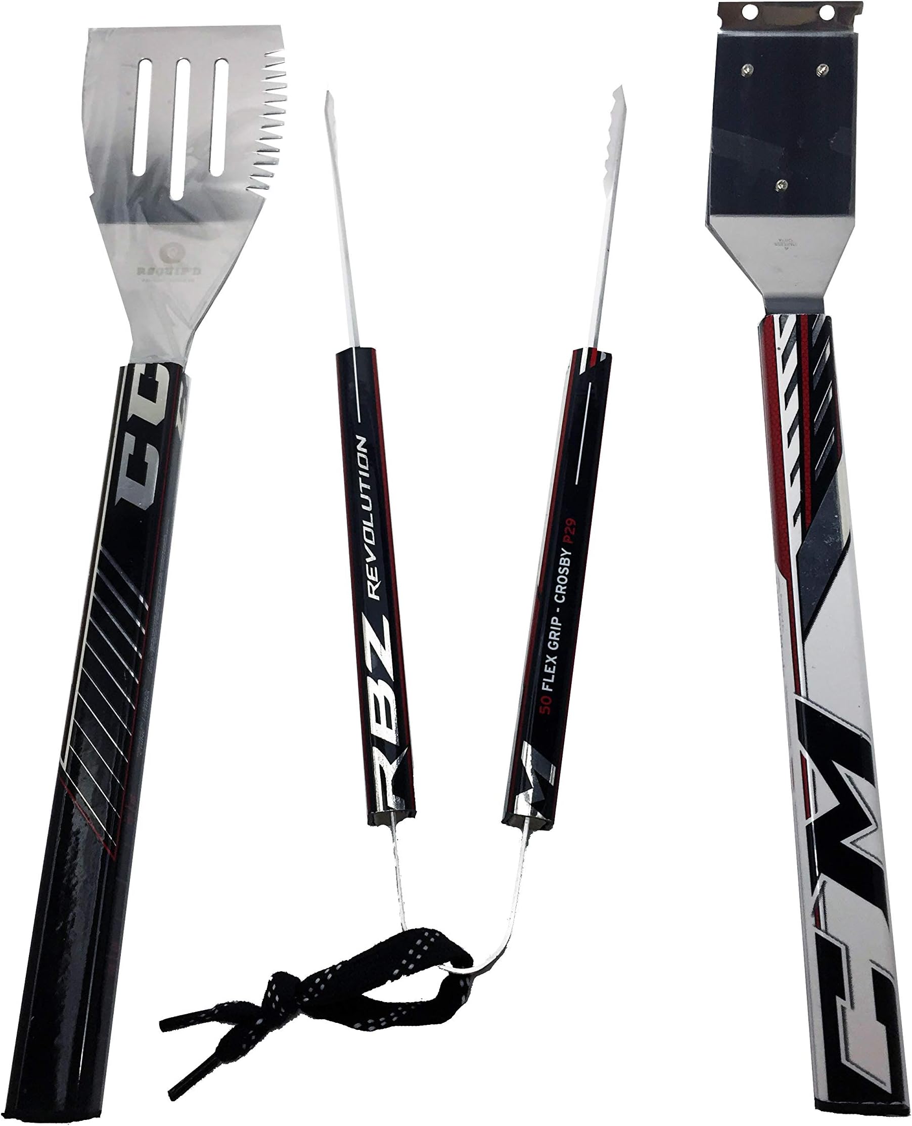 Requip'd 3 Piece BBQ Tool Kit with Grill Brush- Made from Hockey Sticks - Professional Grade Includes Spatula, Brush, Tongs BBQ Set Formerly Known as Hat Trick BBQ - Great Gift for Hockey Fans