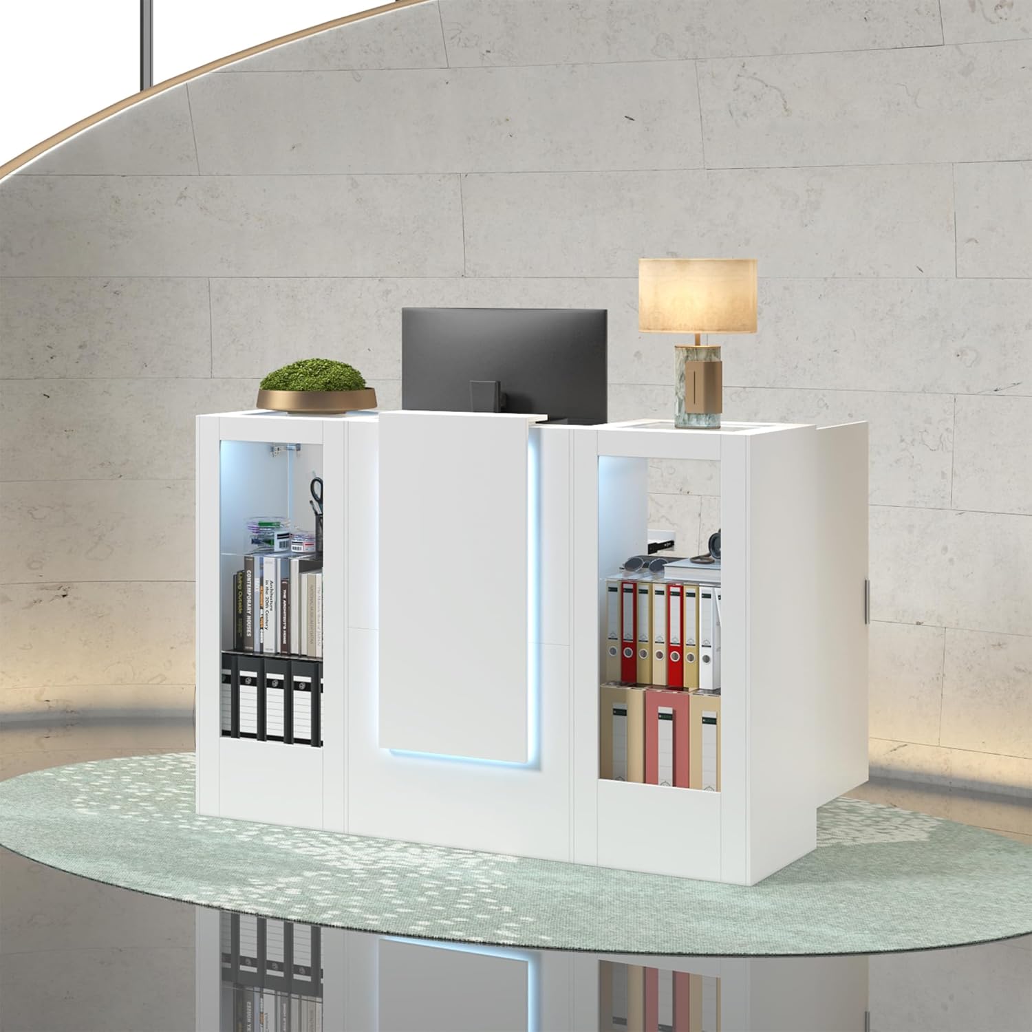 WOODTIME Reception Desk with LED Light & Keyboard Tray, Retail Counter with Cabinet & Glass Adjustable Shelves, Checkout Counter Table for Office Clinic Retail Lobby Salon, White