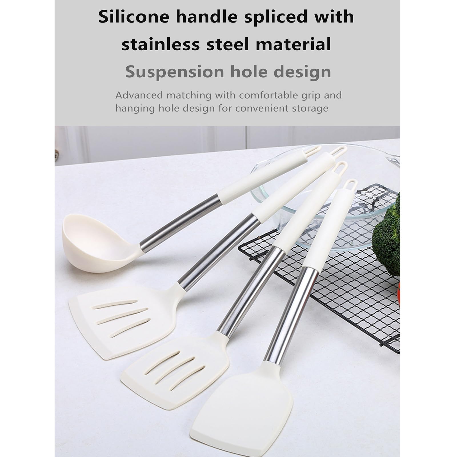 Küchenhelfer Set, Silikon Küchenutensilien Kochutensilien Set, Antihaft Hitzebeständiger Kochbesteck Set Mit Edelstahlgriff, Gesund & Langlebig, Spülmaschinengeeignet, 11 Stück,Khaki