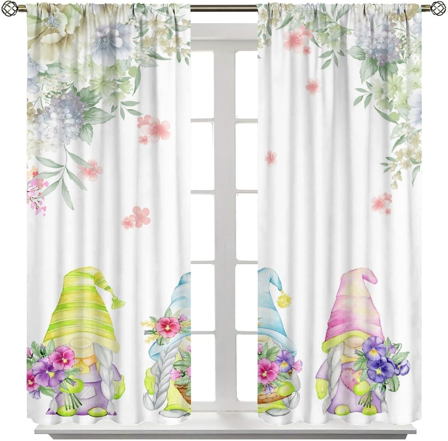 Spring Flower Dwarf Curtain Tree Grassland Colorful Flowers Cute Dwarf Pattern Printed Curtains Bedroom and Living Room Decor Blackout Curtains W42 * L45 Inches