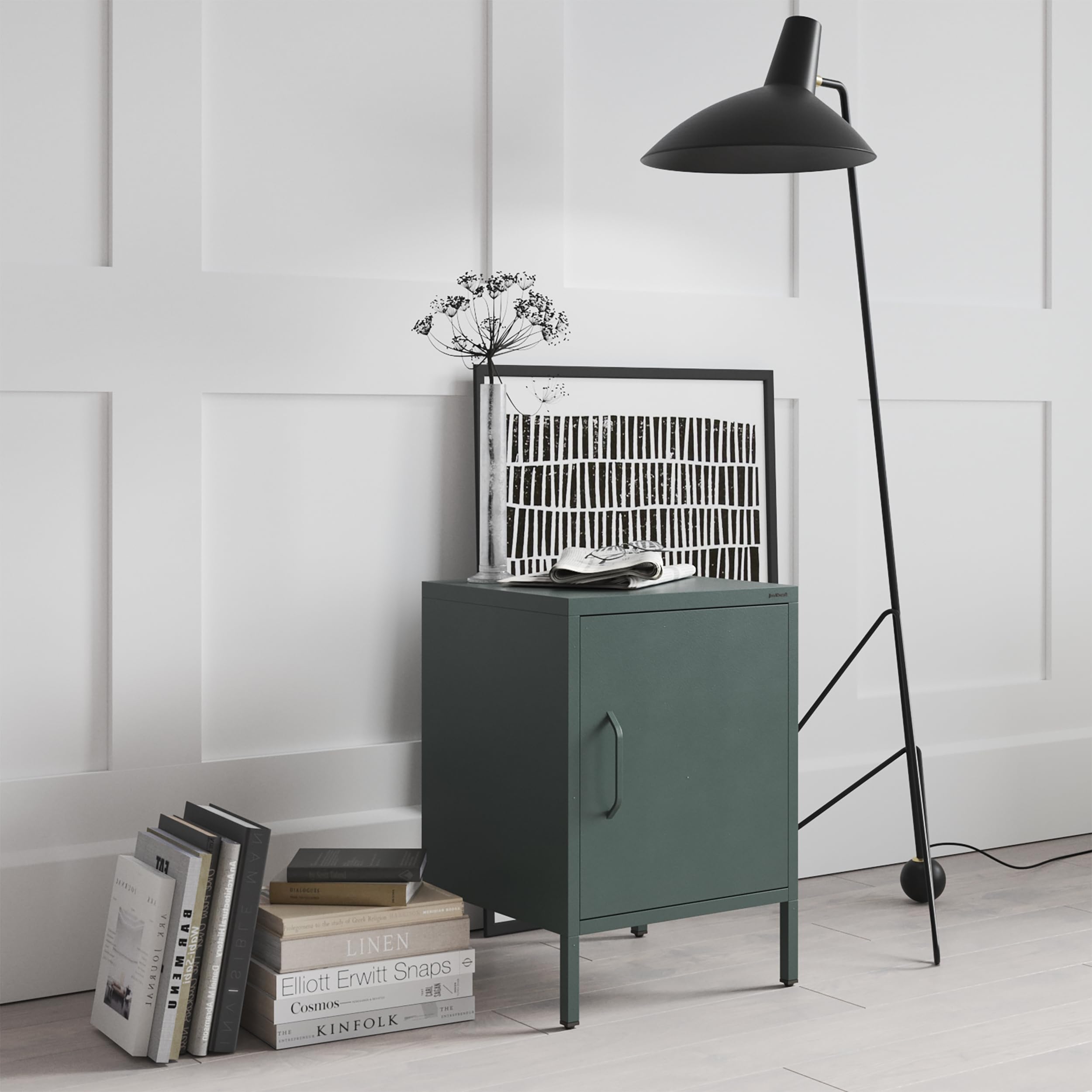 Jan Nowak Comodino Camera da Letto in Metallo - MIA | Comodino Piccolo Scintillante con 1 Ripiano Regolabile | Armadietto Moderno, Stile Industriale | 42,4 x 59,5 x 40 cm | Verde Scuro