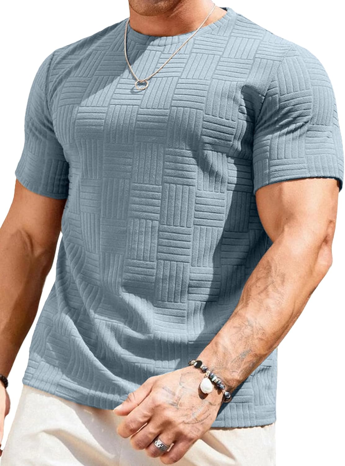JMIERR Mens T-Shirt Casual Stretch Solid Crewneck Short Sleeve Tees Textured Shirts