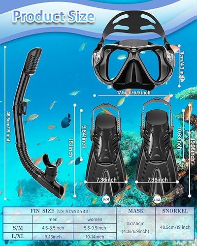 Miniatura 6 de PIYAZI Juego de esnórquel con aletas para adultos, con máscara de vista panorámica, aletas de natación ajustables y bolsa de viaje, equipo de