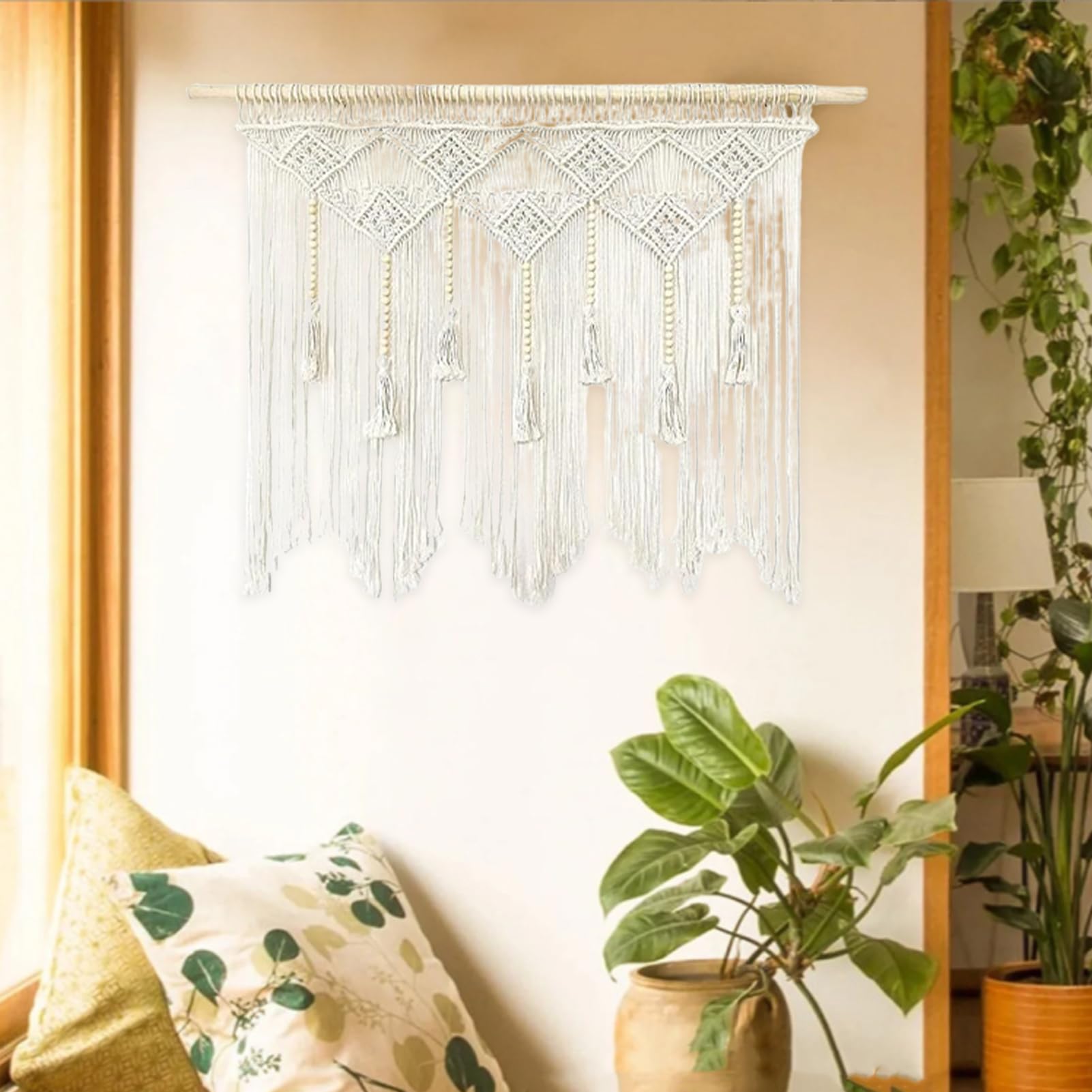 Rideaux en macramé avec perles en bois - Rideau tissé court - 100 x 80 cm - Beige - À suspendre au mur - Décoration murale d'extérieur