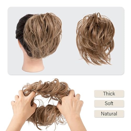 Miniatura 10 de SARLA 2 piezas de cabello desordenado de moño ondulado, rizado, sintético, recogido, extensión de cola de caballo falsa para mujer, color marrón