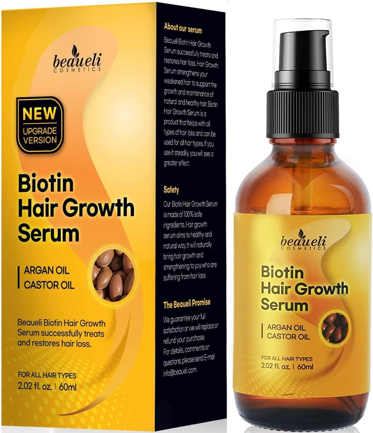 Biotin Hair Growth Serum with Castor Oil, Argan Oil - Hair Loss Prevention Treatment with Fine Thinning Hair Formula for Men & Women By Beaueli