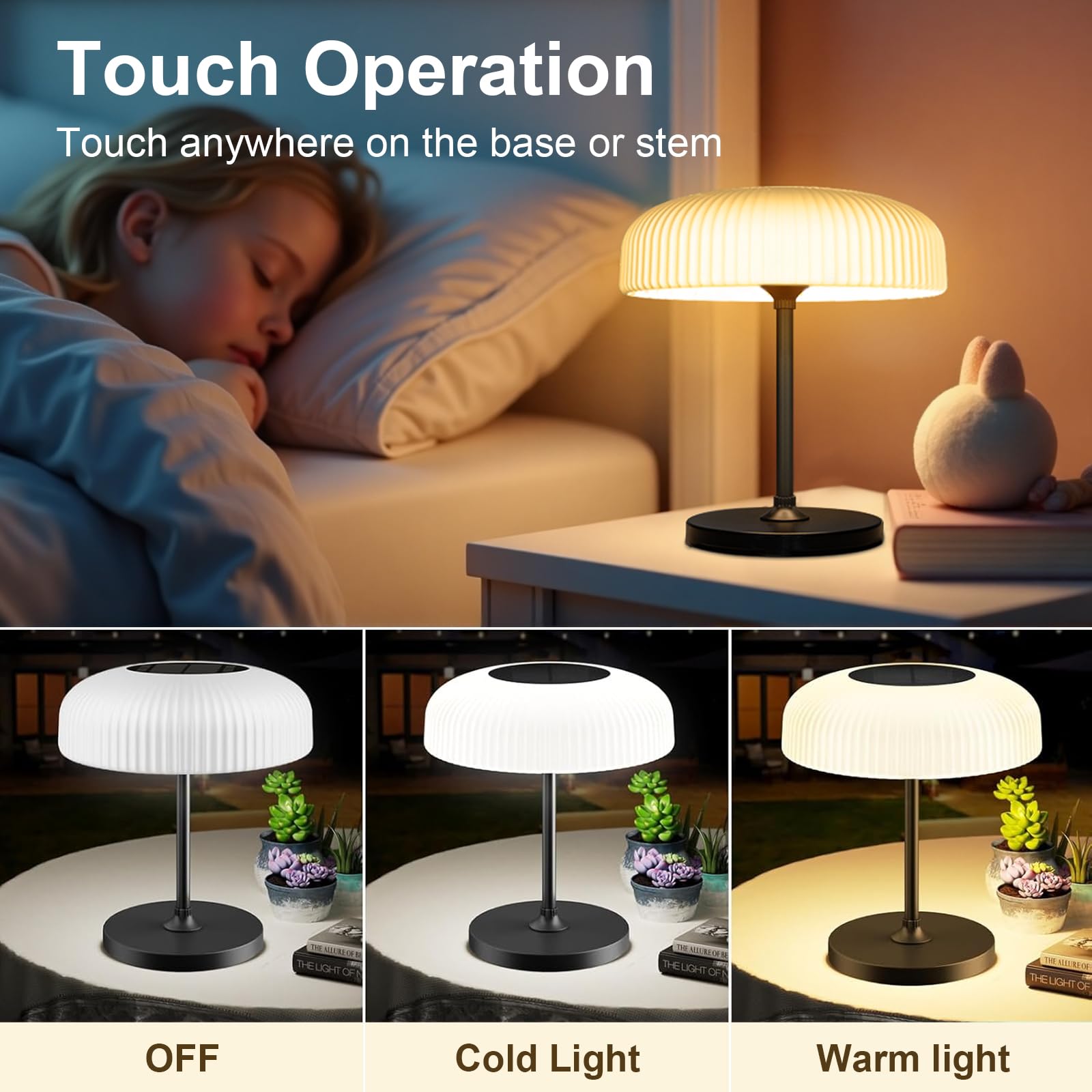 Auting Lámpara de mesa LED, IP44, lámpara de mesa solar para exteriores con regulador táctil y batería, cable de carga USB-C, lámpara de noche, lámpara de lectura, lámpara LED, elegante para