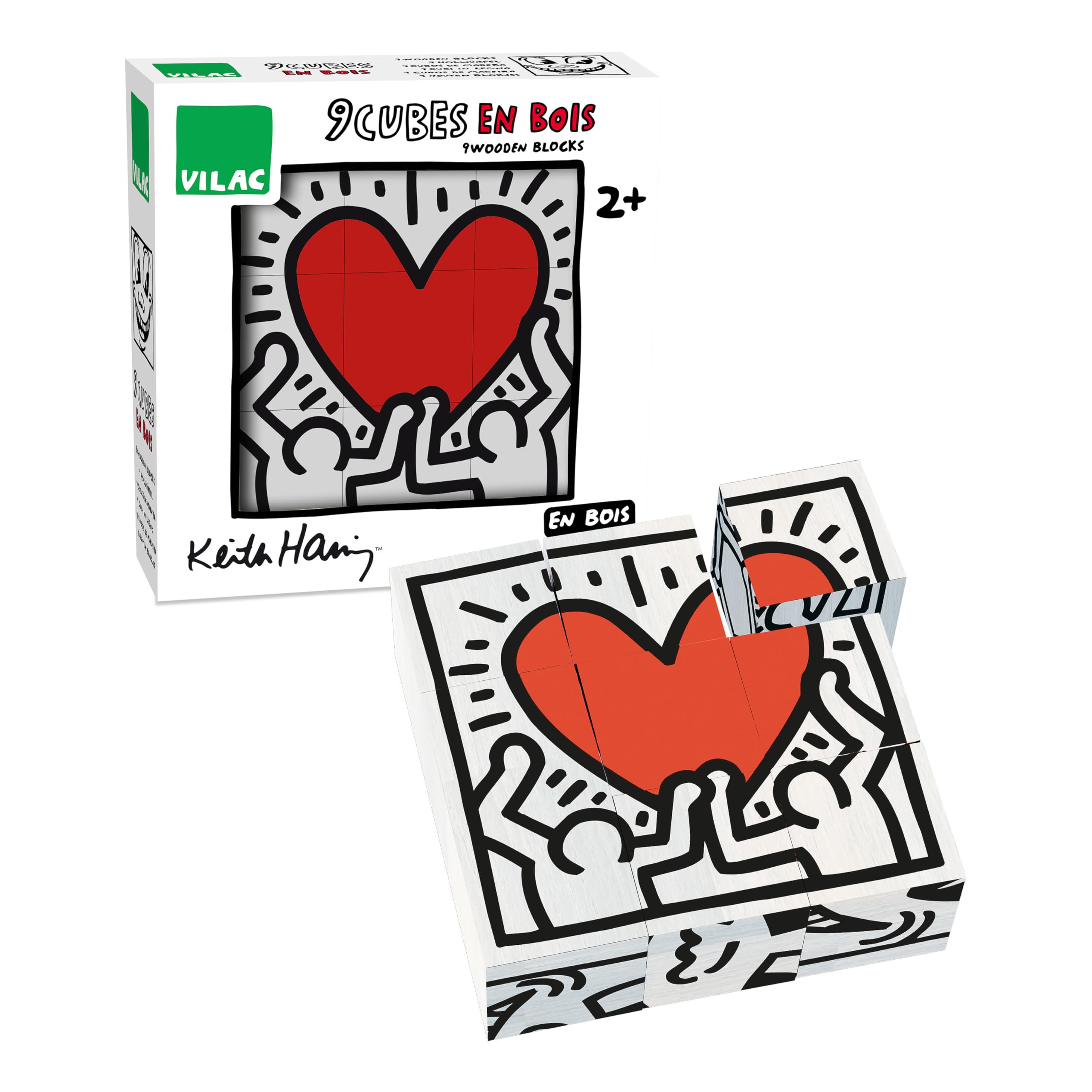 Vilac 9227 Set Di 9 Cubi In Legno Keith Haring, Multicolore, Giocattolo Educativo Per Bambini