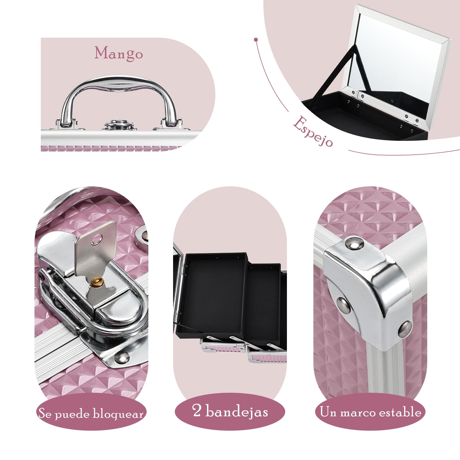 Maletín Maquillaje Rosa Estuche Maquillaje Caja Maquillaje Cosméticos Vacío Profesional con Espejo y Cerradura 19.5x15x16cm Regalos para Mujeres,Rosa