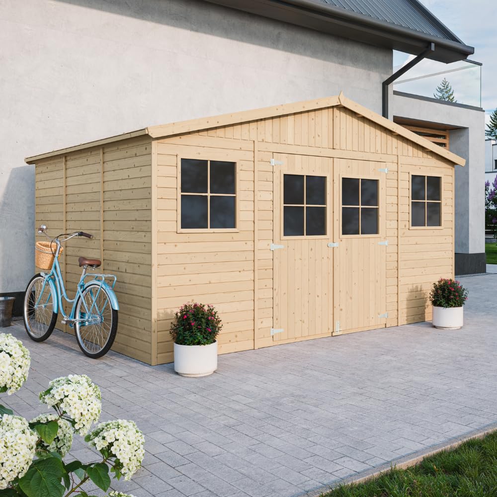 Casa da giardino in legno naturale A246x418x320 cm/12 m²- Magazzino esterno con finestre - Capanno da giardino - Bici, Deposito attrezzi e rimessa TIMBELA M331