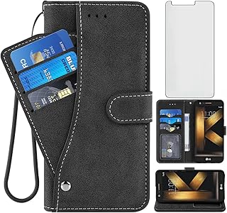 Asuwish Compatible with LG K20/K20 Plus/K20 V/Harmony/V5/K10 2017/Grace LTE Wallet Case Tempered Glass Screen Protector Flip Cover Phone Cases for LGK20Case LGK20Plus LGK20V K20V K 20 20K K20+ Black