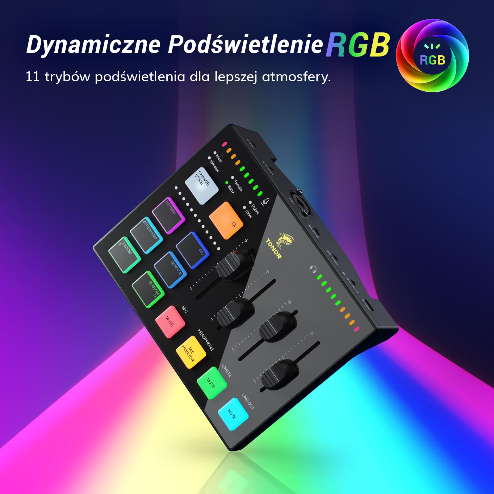 TONOR Interfejs audio do gier, mikser audio do streamingu, podcastów, nagrań studyjnych, 6,35 mm i kanał XLR, karta dźwiękowa z efektami świetlnymi RGB, do streamerów do gier, twórców treści TX310