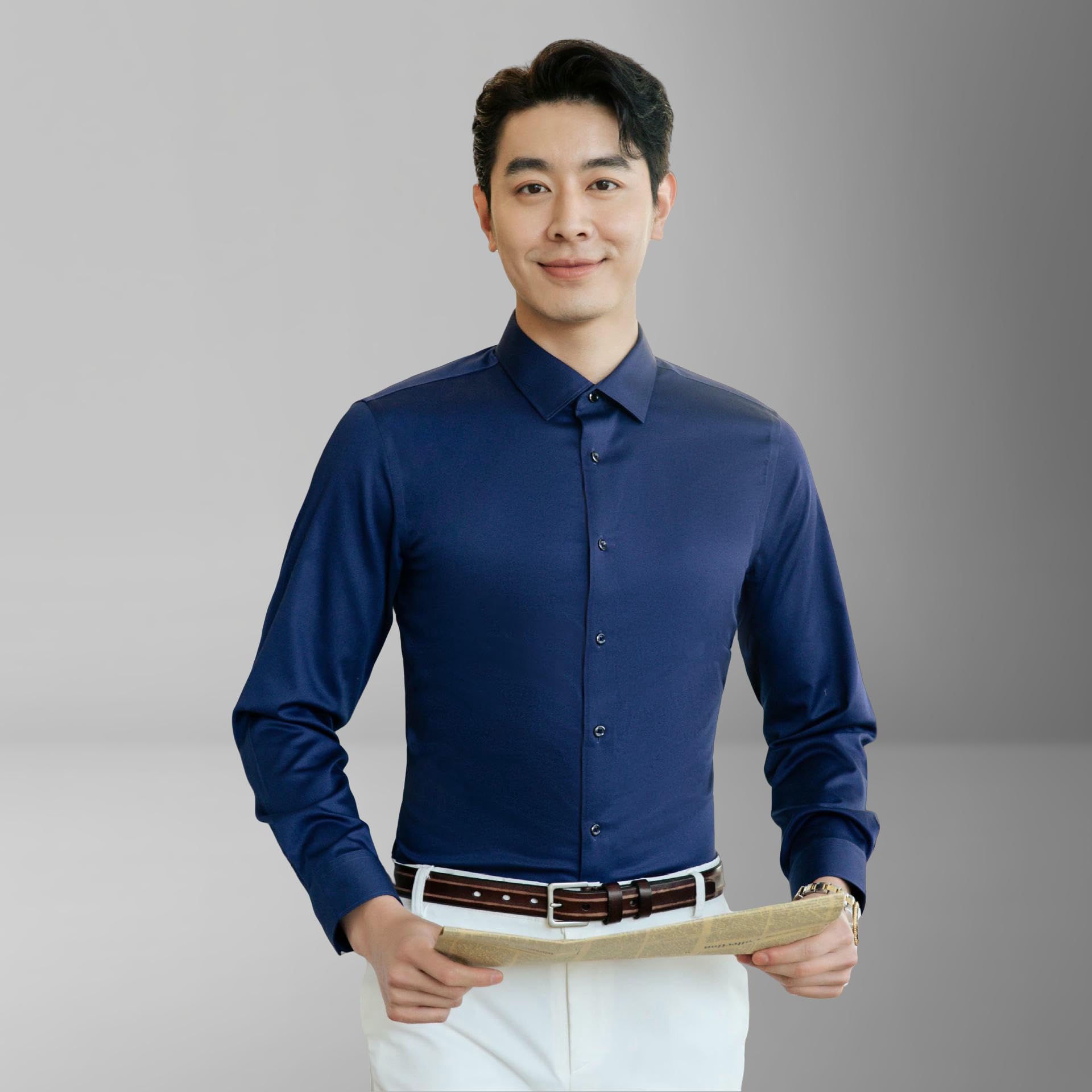Camisa de algodón para hombre de color sólido, corte ajustado, cuello cuadrado, resistente a las arrugas, ligera, con botones