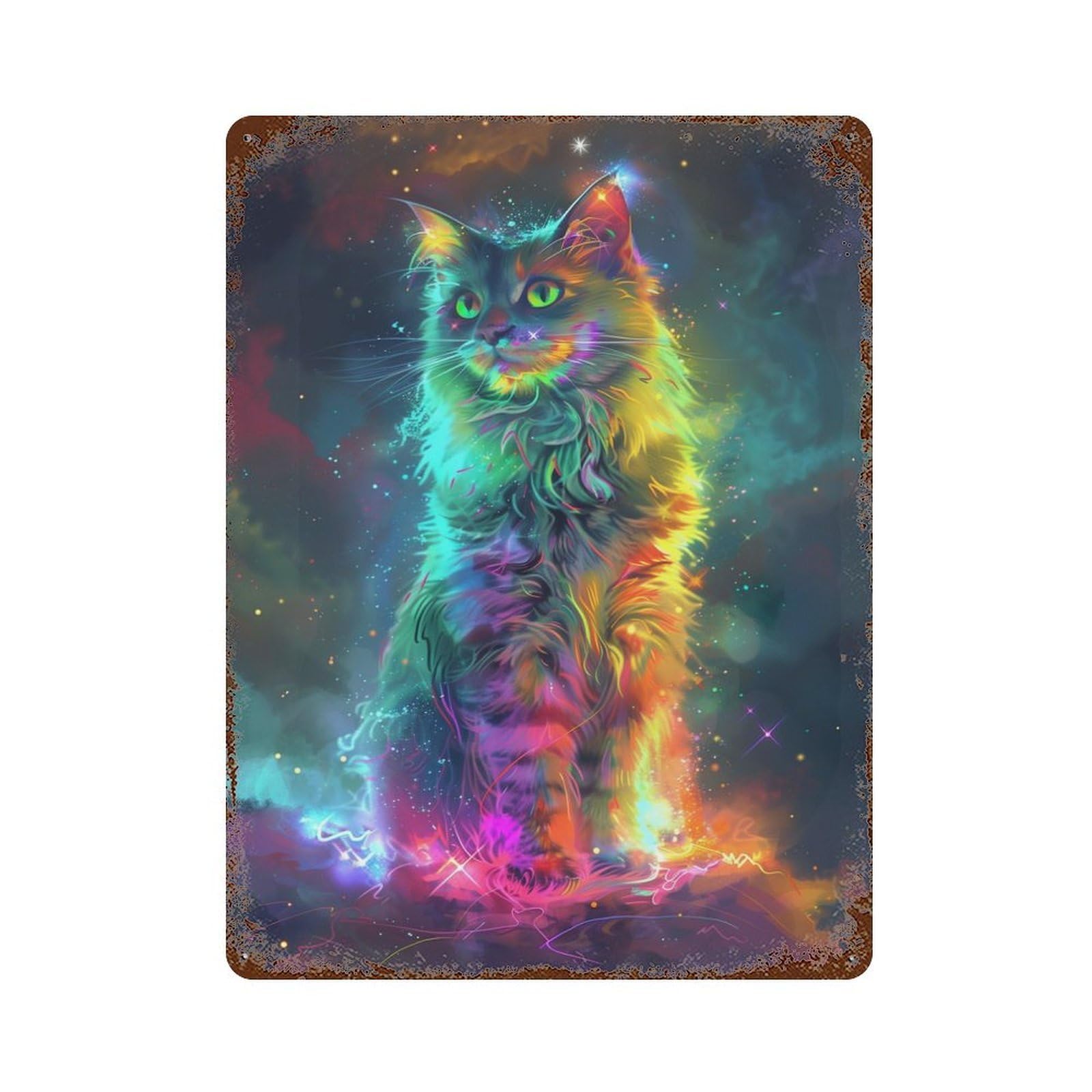 Rainbow Cat 15.7"x11.8" Rusty Metal Tin Sign, Novelty Wall Decor for Cafe, Home Bar And Lounge Decor