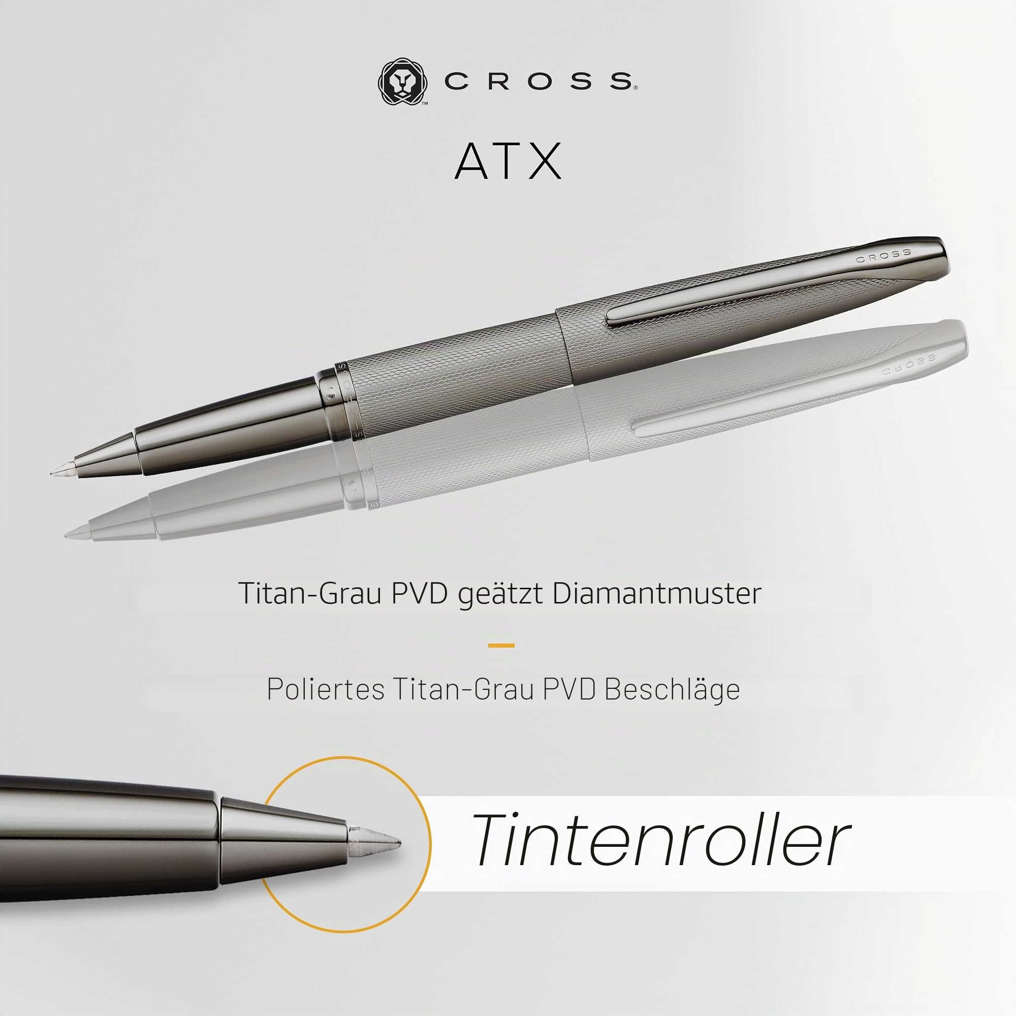 Cross ATX Rollerball (gefrästes Diamantmuster, Schreibfarbe schwarz, Strichstärke M, inkl. Geschenkbox) titangrau gebürstet