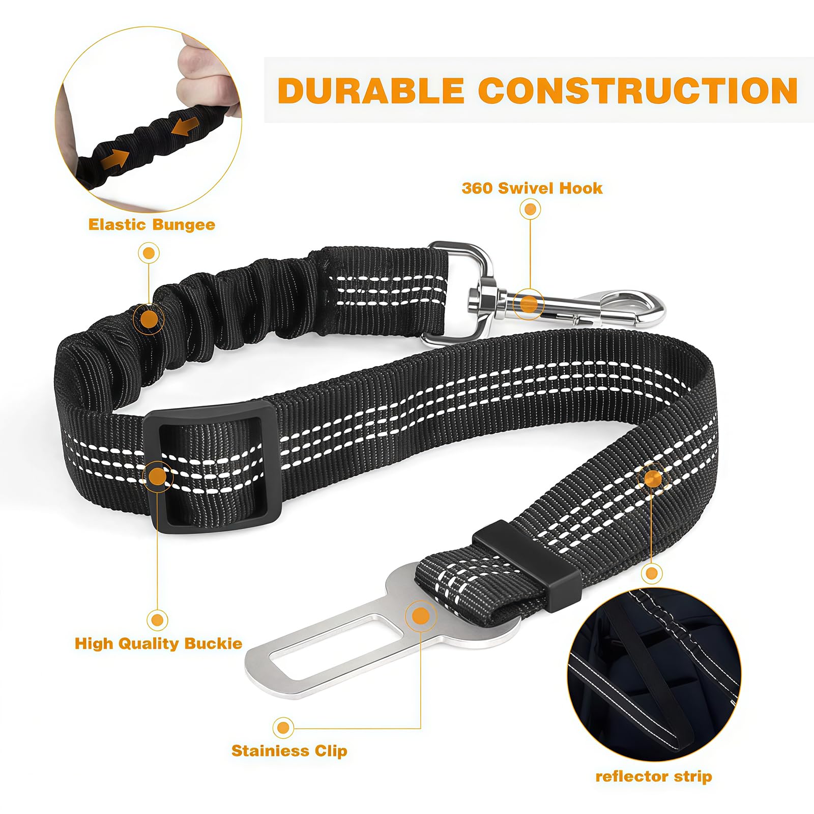 Pet Car Harness Seatbelt, Anti Shock Bungee Lead for Dog Car Safety, Prevents Jumping to Front Seat, Adjustable Vehicle Travel Accessories for Small Medium Large Dogs (1 Pack -Black Color) - image 5