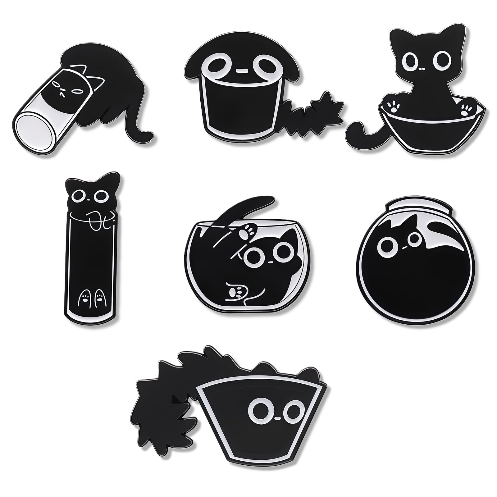Broches Esmaltados Gato Negro Set 7 Pins para Mochila, Insignias de Esmalte Zinc