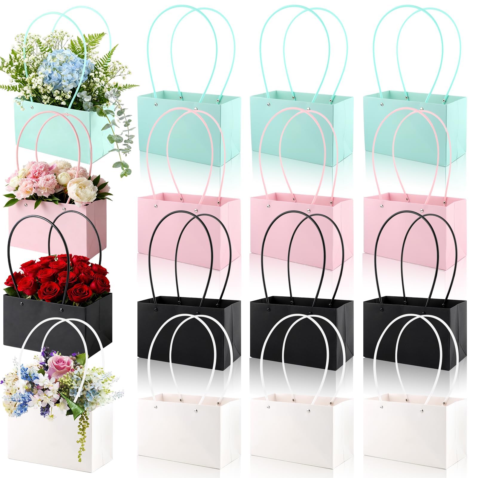 Confezione da 16 scatole regalo per fiori con manici, 22 x 10,5 cm, scatole per fiori per fioristi, scatole regalo per composizioni floreali nere bianche rosa blu per anniversario di matrimonio