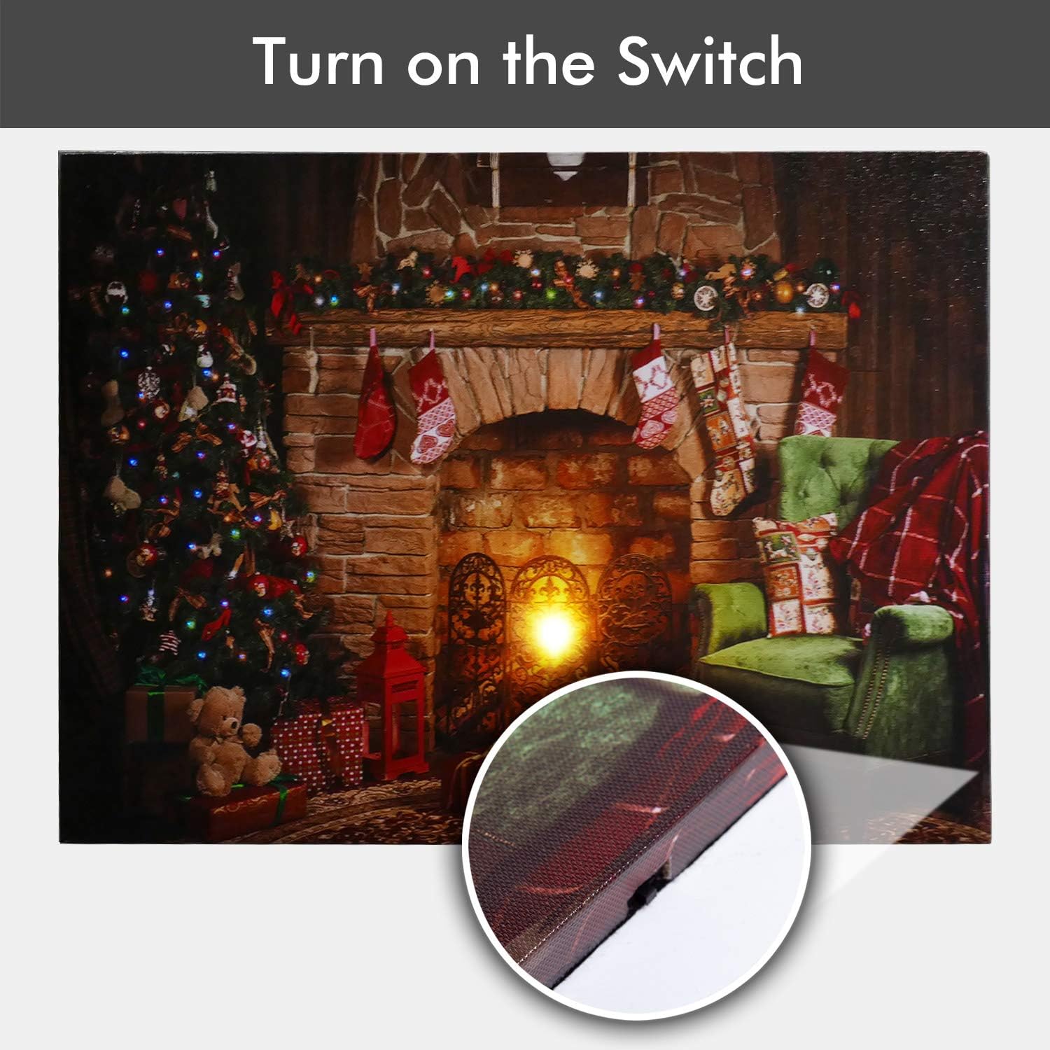 NIKKY HOME 16" x 12" Holiday LED Lighted Canvas Wall Art Prints Picture with Christmas Tree Brick Fireplace Stockings, Multicolor