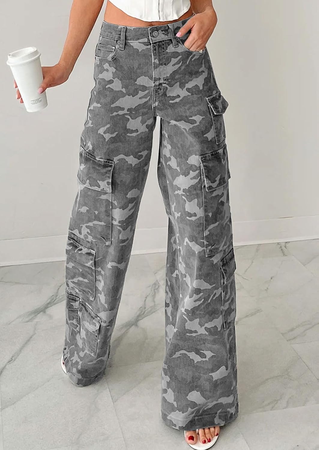 loveimgs Women Casual Camo Print Denim Pants Y2k Wide Leg Cargo Jeans Flare Distressed Camouflage Jeans Sweatpants Pockets - Image 6