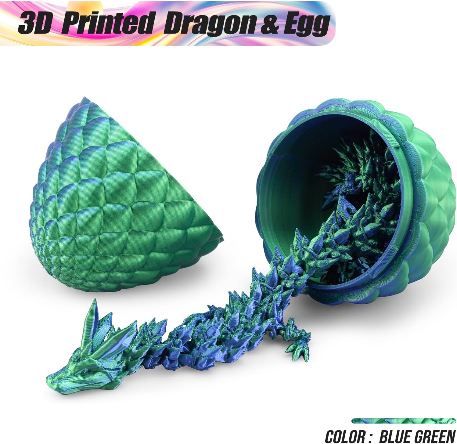 3D Printed Dragon,Mystery Easter Crystal 3D Dragon Egg,Dragon Eggs with Dragon Inside,3D Printed Animals Fidget Desk Decor (Blue Green, 12.5in)