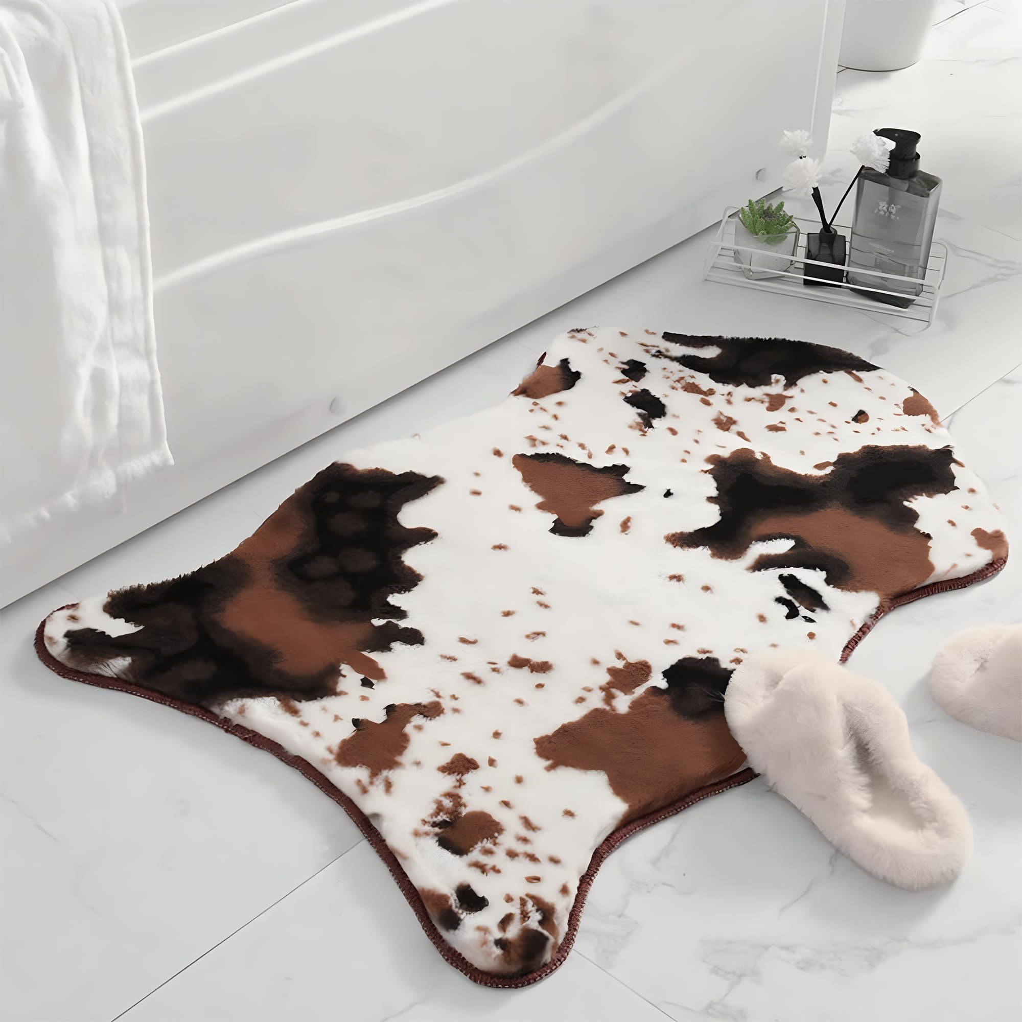 mamrug Coffee and White Cow Cute Bath mat,Faux Rabbit Fur Non-Slip Shaggy Water Absorbent Microfiber Soft Fluffy Bathroom Rugs,Washable for Home Decor