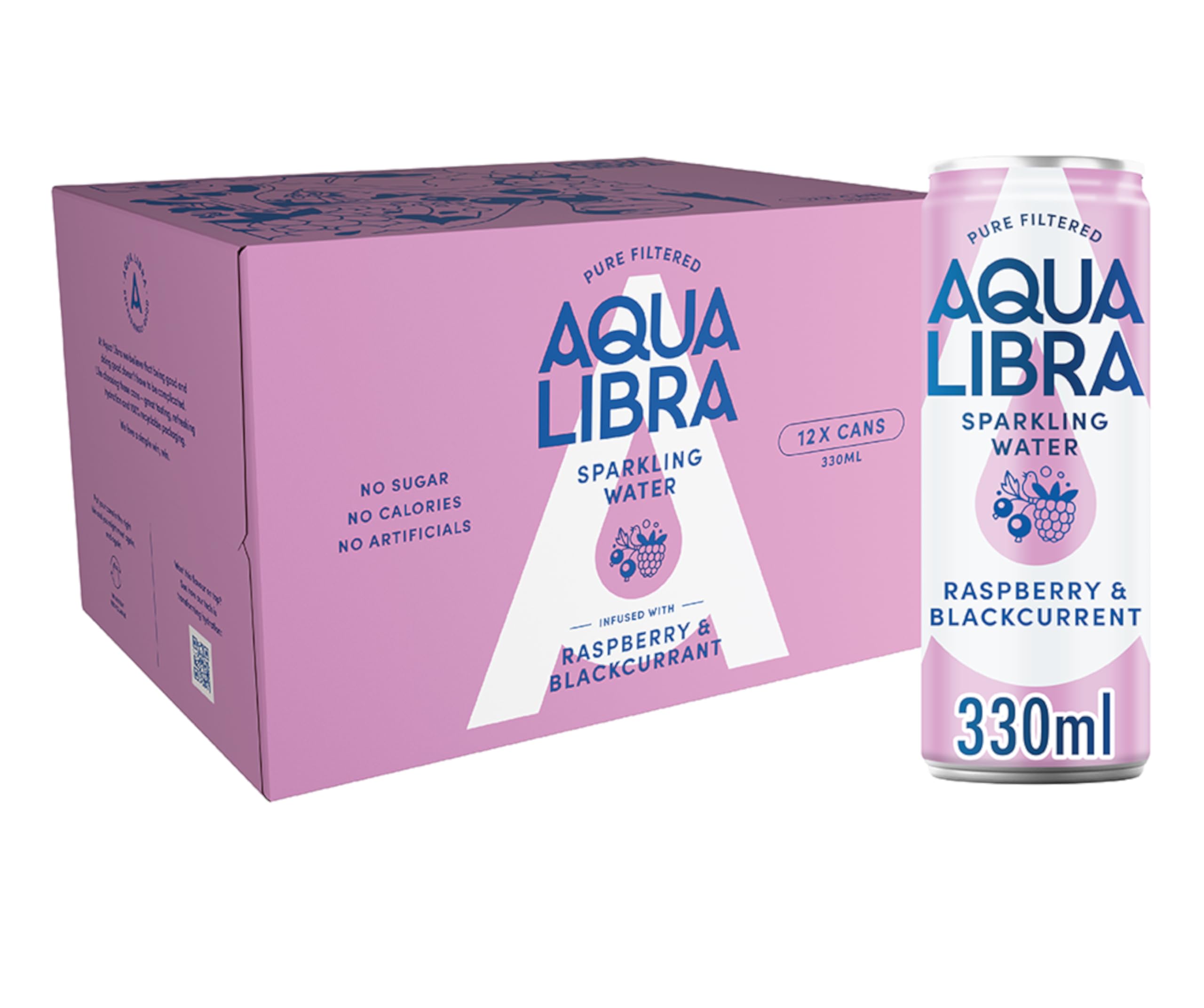 AQUA Libra Sparkling Sugar-Free Fruit Water, No Calories, Raspberry and Blackcurrant, 330 ml, Pack of 12
